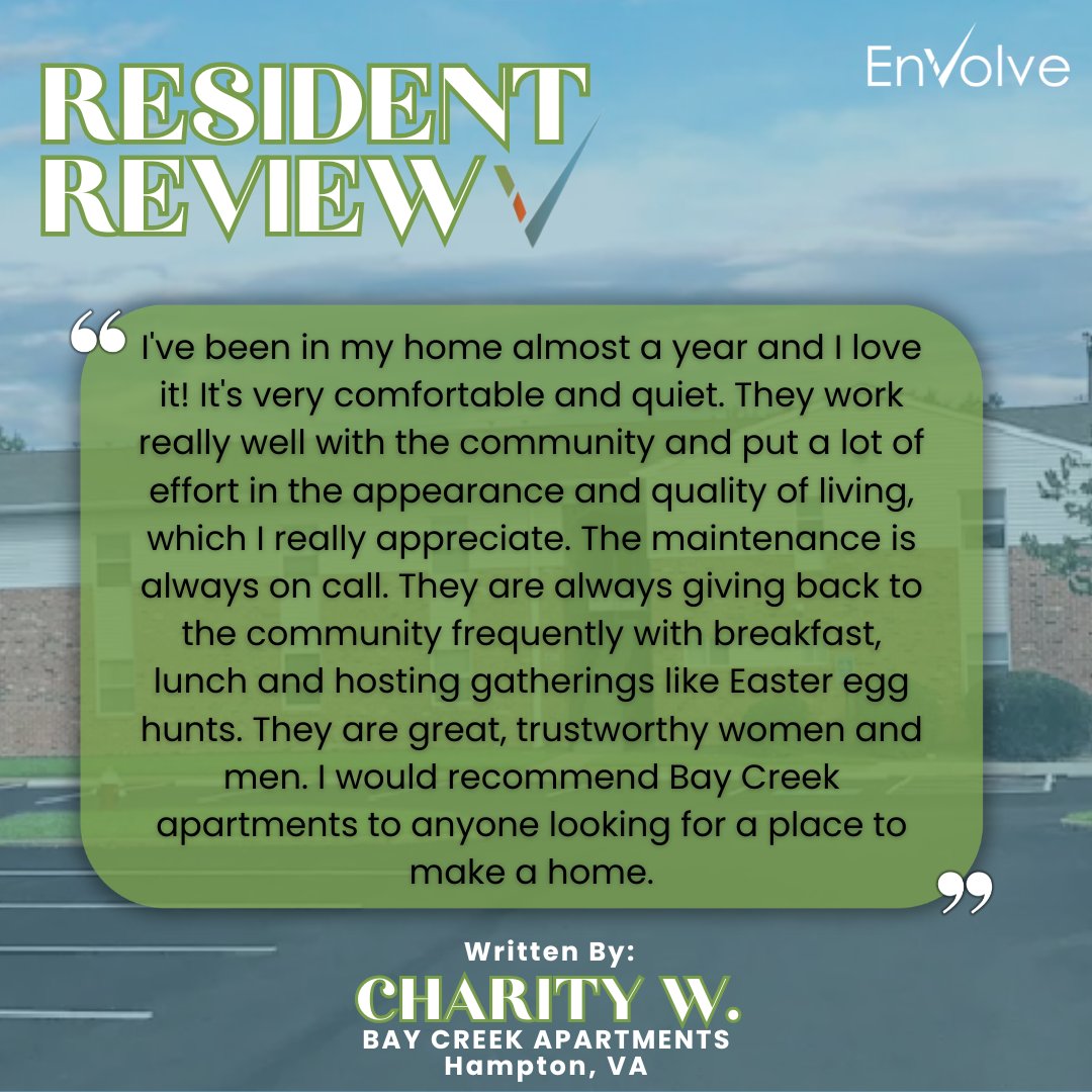 EnvolveLLC's tweet photo. Giving back, showing up, and creating a place residents love to call home. 💚 Thank you to Charity W. for the kind words about the Bay Creek Apartments team! https://t.co/K08c4UGakH