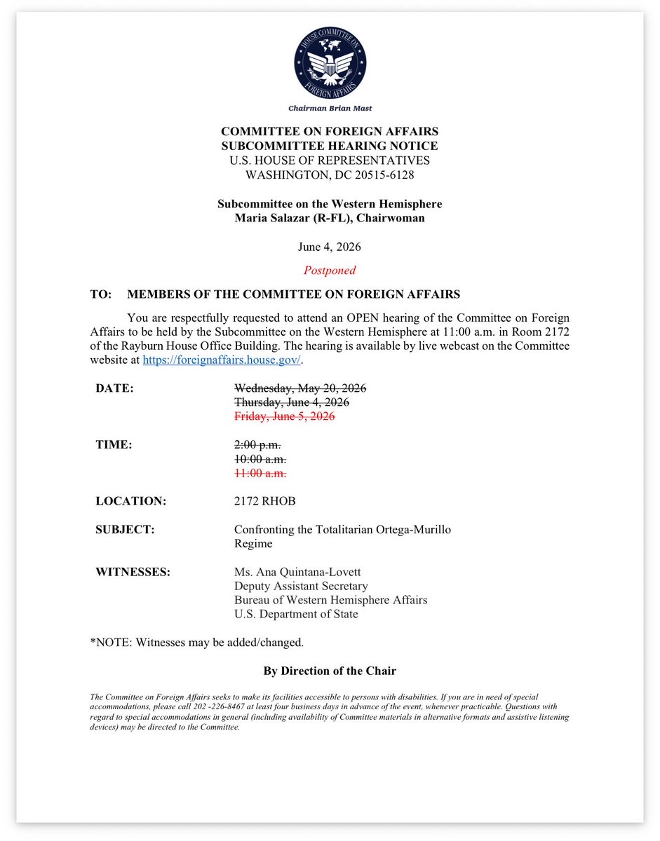 LestherLAleman's tweet photo. Se suspende la audiencia contra la dictadura sandinista Ortega-Murillo, prevista para este viernes 5 de junio.

Confiamos en que esta decisión esté motivada por noticias aún más positivas para #Nicaragua. https://t.co/og97pDq85u