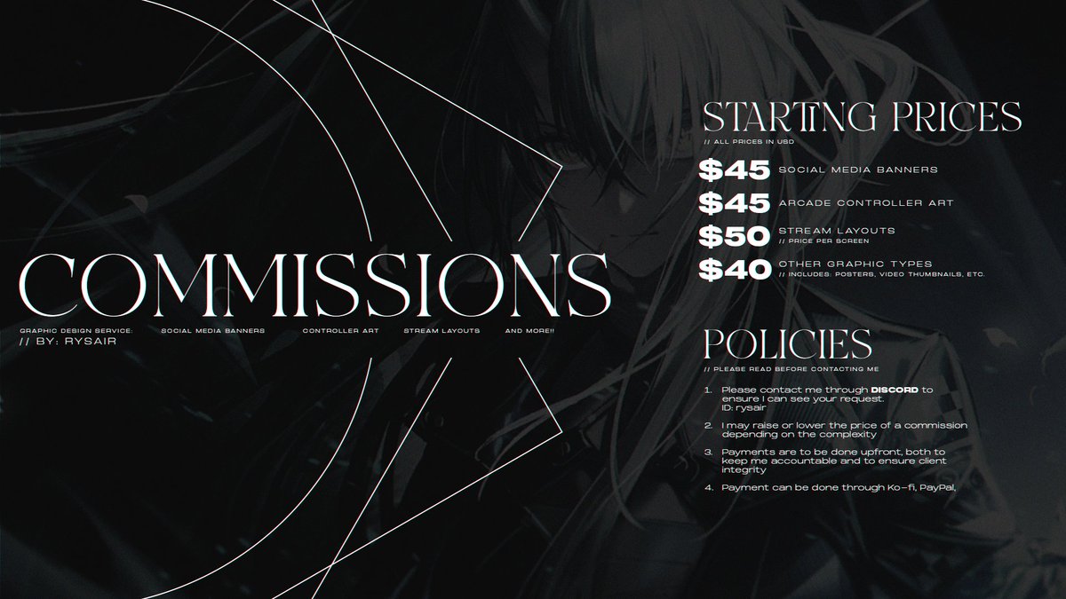 Rysair_'s tweet photo. OFFICIAL COMMISSIONS SHEET

Trying to be more proactive in promoting my graphic design service while I continue to look for a full time job.

Please read the policies before contacting me with your request.

Portfolio in replies! https://t.co/azquhKk9tK