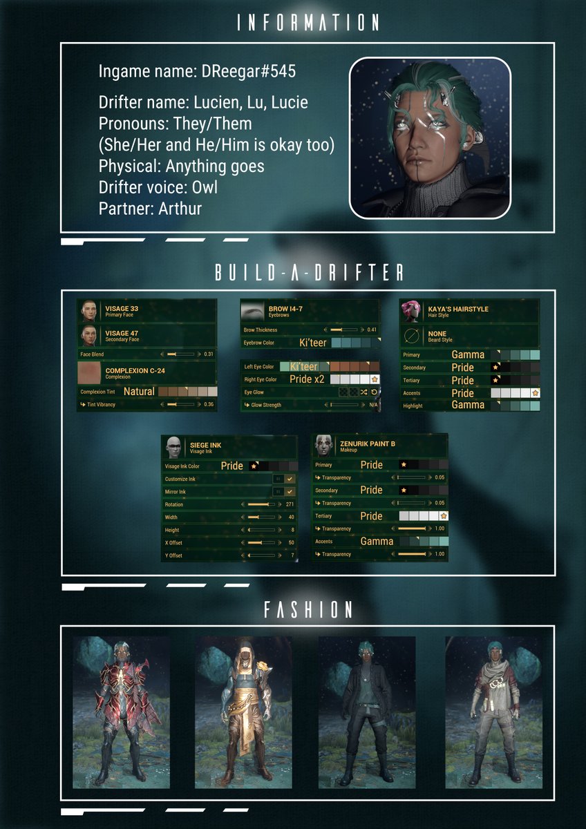 dreegar's tweet photo. A little silly project I did for my Drifter. I'm no artist but I really wanted them to have a character sheet. https://t.co/vXBkreuJsd