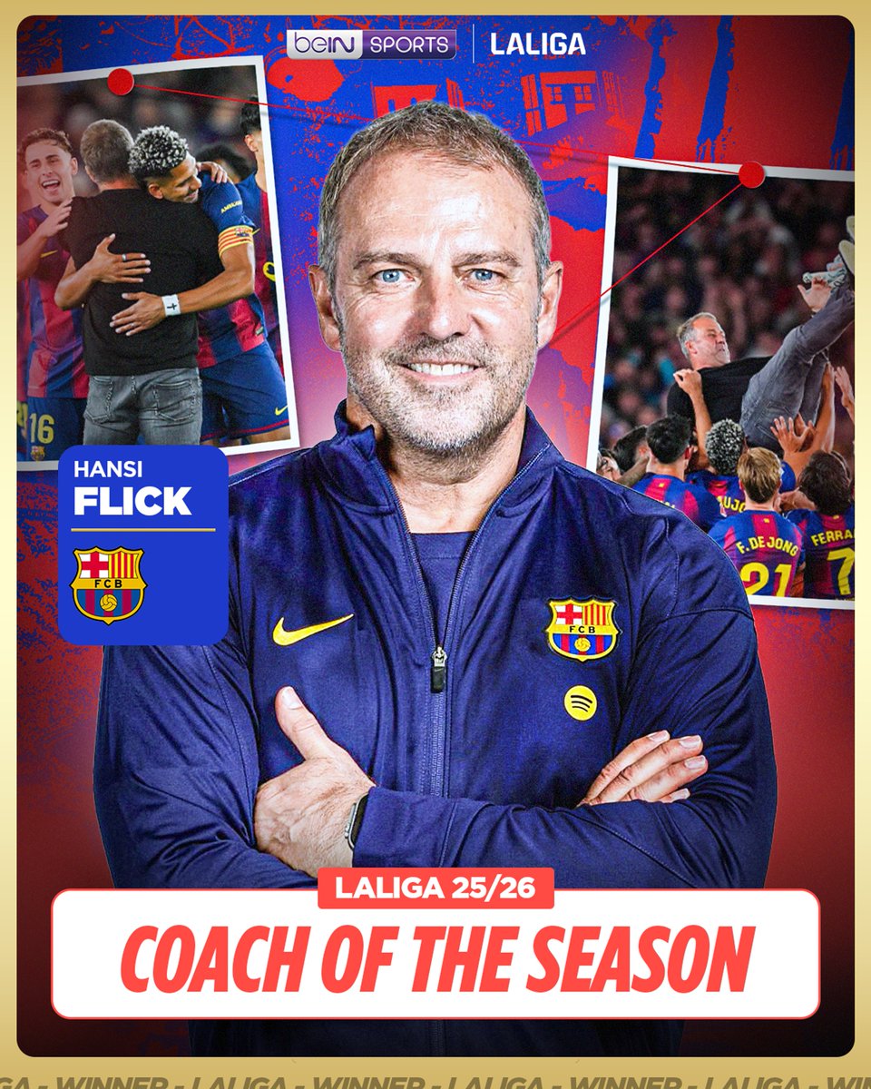 beINSPORTSASIA's tweet photo. An impressive title winning season for Hansi Flick has netted him the LaLiga 25/26 Coach of the Season award!

#beINSPORT #beINLaLiga https://t.co/oSftg7XCQq