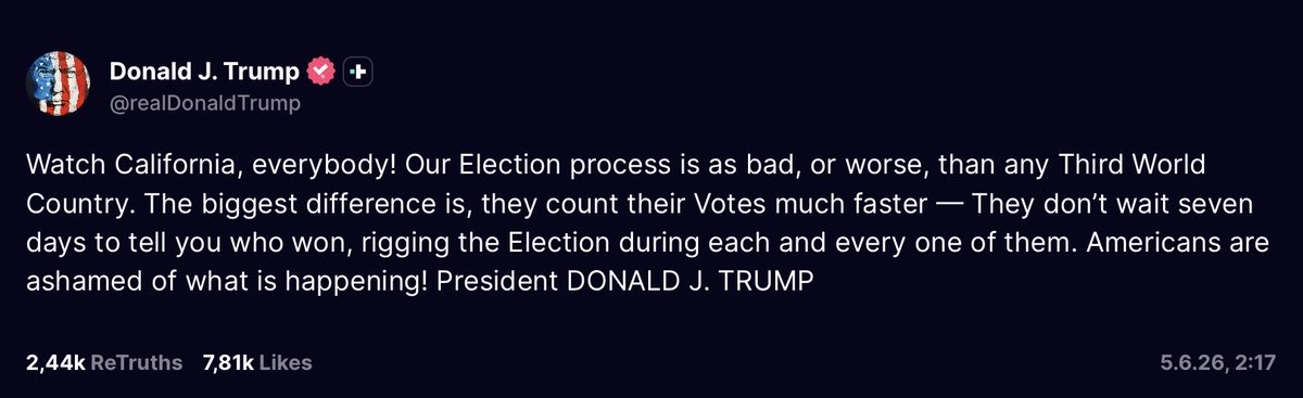 ComputerMichau's tweet photo. Präsident Trump zu den Wahlen in Kalifornien:

„Behaltet Kalifornien im Auge, Leute! Unser Wahlverfahren ist genauso schlecht wie das eines jeden Drittweltlandes – oder sogar noch schlimmer. Der größte Unterschied ist: Dort werden die Stimmen viel schneller ausgezählt. Man wartet nicht sieben Tage, um den Sieger zu verkünden – und manipuliert die Wahl während jedes einzelnen dieser Tage. Die Amerikaner schämen sich für das, was hier geschieht! Präsident DONALD J. TRUMP“