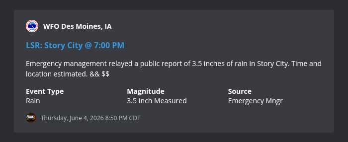 IowaWXNetwork's tweet photo. 7:00 PM: Story City [Story, IA] Emergency Mngr reports Rain of 3.5 Inch -- Emergency management relayed a public report of 3.5 inches of rain in Story City. Time and location estimated. &amp;&amp; $$ https://t.co/p8Q0OKoecK #iawx https://t.co/DpIn8gvmNw