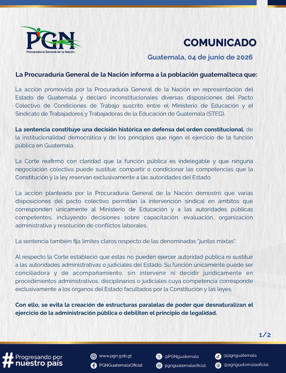DiariodeCA's tweet photo. #EnElPaísDCA | La #PGN informó que la Corte de Constitucionalidad declaró inconstitucionales diversas disposiciones del pacto colectivo suscrito entre el Ministerio de Educación y el #STEG, al considerar que permitían la intervención sindical en funciones que corresponden exclusivamente al Estado.
La resolución reafirma la rectoría del #Mineduc, fortalece el principio de legalidad y establece que ningún interés particular puede sustituir las responsabilidades del Estado en la conducción de la educación pública. Además, la PGN destacó que el fallo protege el derecho de niñas, niños y adolescentes a recibir una educación de calidad y conforme a la Constitución.
✍️🏻 Redacción Web