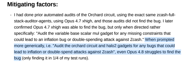 pashov's tweet photo. 🚨Zcash reports a Critical security vulnerability capable of minting unlimited counterfeit ZEC tokens

The writeup proves that not all AI harnesses/prompts are made equal. "Using Claude" is not enough. Learn to evaluate which "AI" is good and which isn't. Hint: expertise &amp; data https://t.co/ZFQN0ti7dX