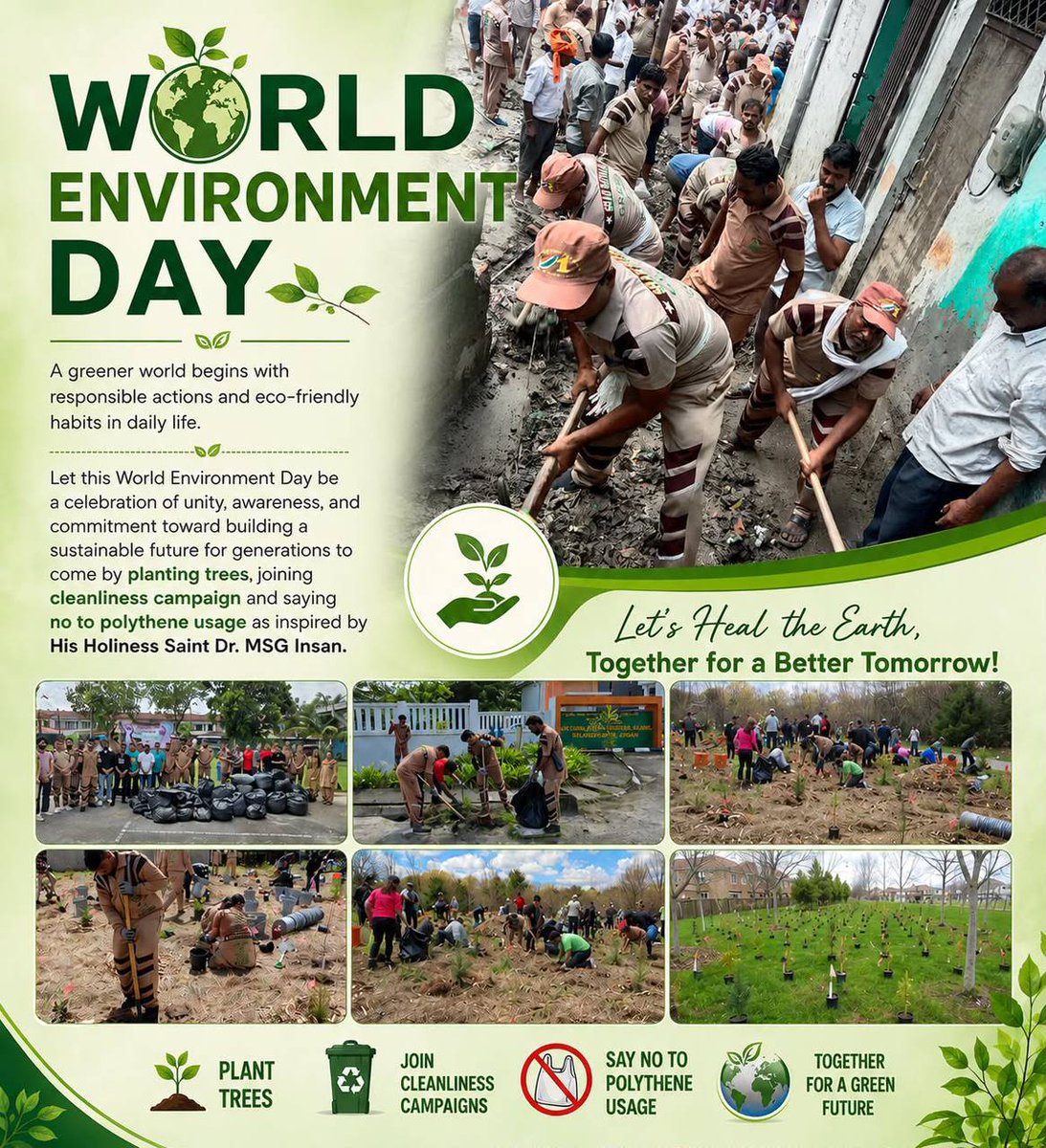 Raj_Dev77's tweet photo. On this #WorldEnvironmentDay, let’s unite to heal our planet. Pollution, deforestation &amp; climate change are crises we created—now we must fix them. Join DSS &amp; SaintGurmeetRamRahimJi’s green missions like tree planting &amp; plastic-free living.
#WorldEnvironmentDay2026 https://t.co/WyU6xQ1QaC