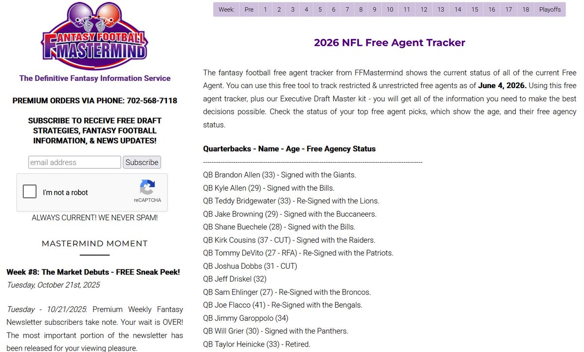 FFMastermind's tweet photo. 2026 Free Agent Tracker Updated! https://t.co/dwPaOF0JBp <-- ALWAYS FREE! #FantasyFootball #NFL https://t.co/76kg2TiGwp