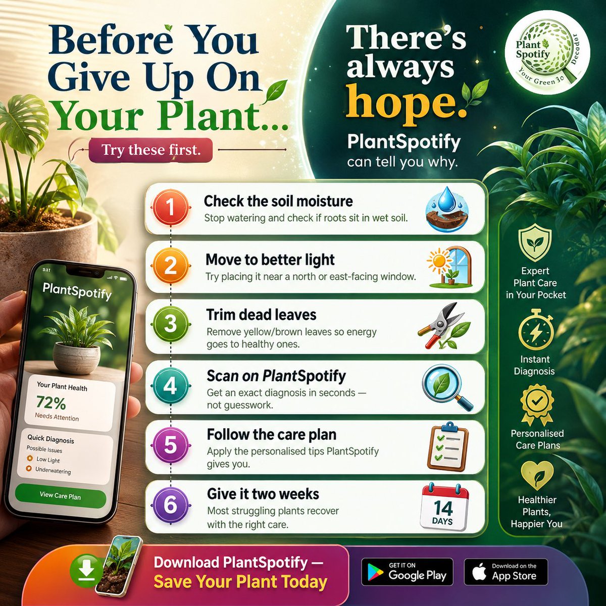PlantDecoderr's tweet photo. Before you give up on your plant

✔ Check soil moisture
✔ Improve lighting
✔ Trim dead leaves
✔ Scan with PlantSpotify
✔ Follow a care plan

Many plants recover with the right care.

#PlantSpotify #PlantCare #Houseplants #PlantHealth #GardeningTips https://t.co/j3nLKqHBph