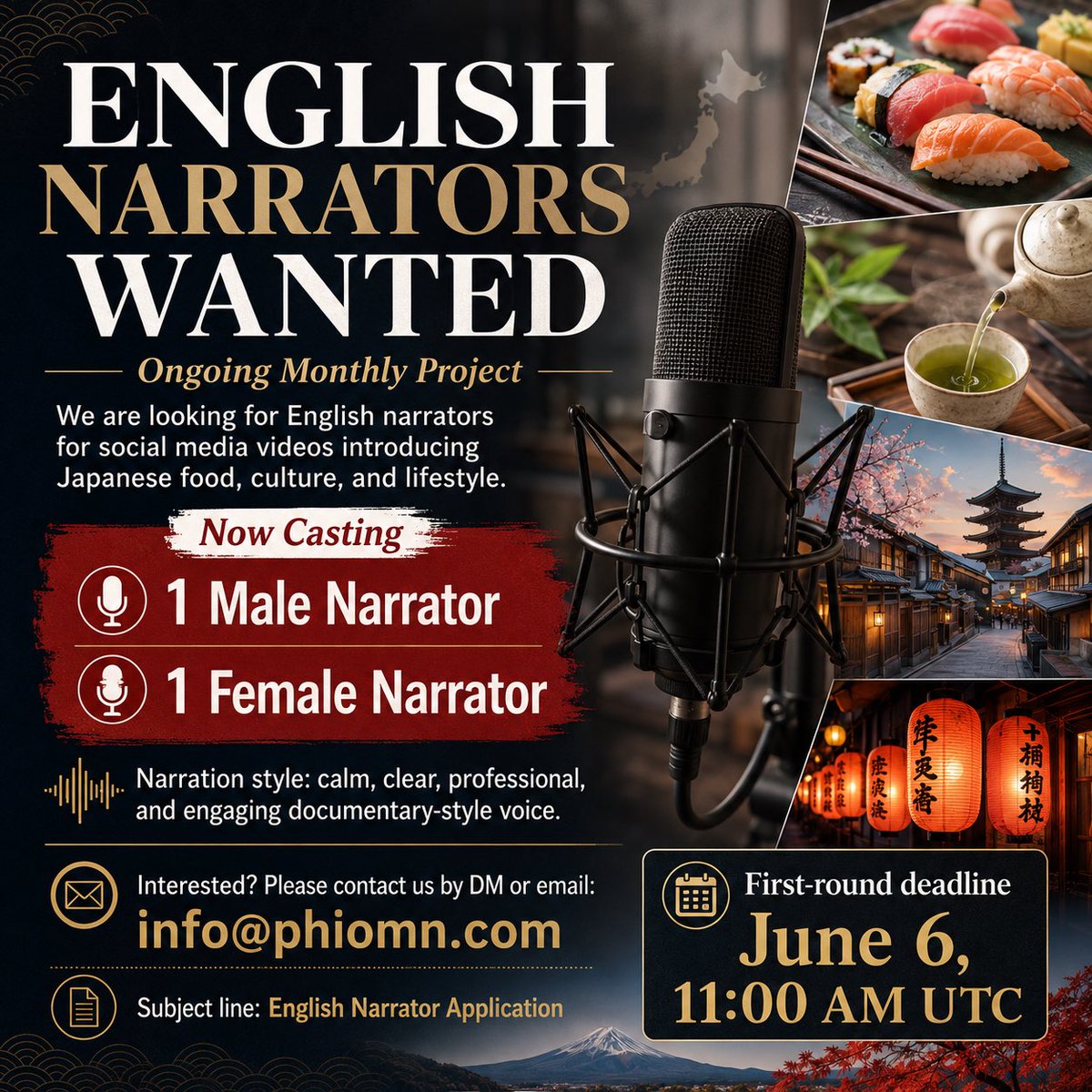 Matirog's tweet photo. English Narrators Wanted — Ongoing Monthly Project

We are looking for English narrators for an ongoing video project introducing Japanese food, culture, and lifestyle on social media.

This will be a monthly recurring project.

We are currently looking for:

1 Male Narrator
1 Female Narrator

The narration style we are looking for is something similar to a National Geographic Channel-style narration — calm, clear, professional, and engaging.

If you are interested, please contact me by DM, or send an email to:

info@phiomn.com

Please include a clear subject line such as:

English Narrator Application

First-round application deadline:
June 6, 11:00 AM UTC

We look forward to hearing from you.