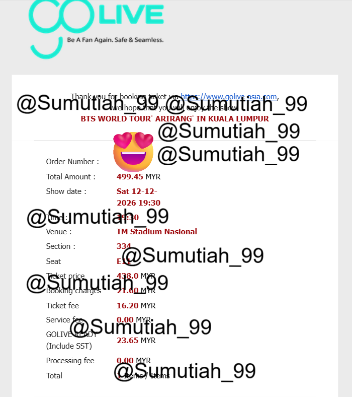 sumutiah_99's tweet photo. WTS #BTSinKL DAY-1
CAT6 - section 334. Seat E11
RM1,600
RTS: Got my desired ticket

If interested can DM.

#arirang_worldtour 
#BTS_ARİRANG 
#BTSARMY https://t.co/oNx4aH8Qig