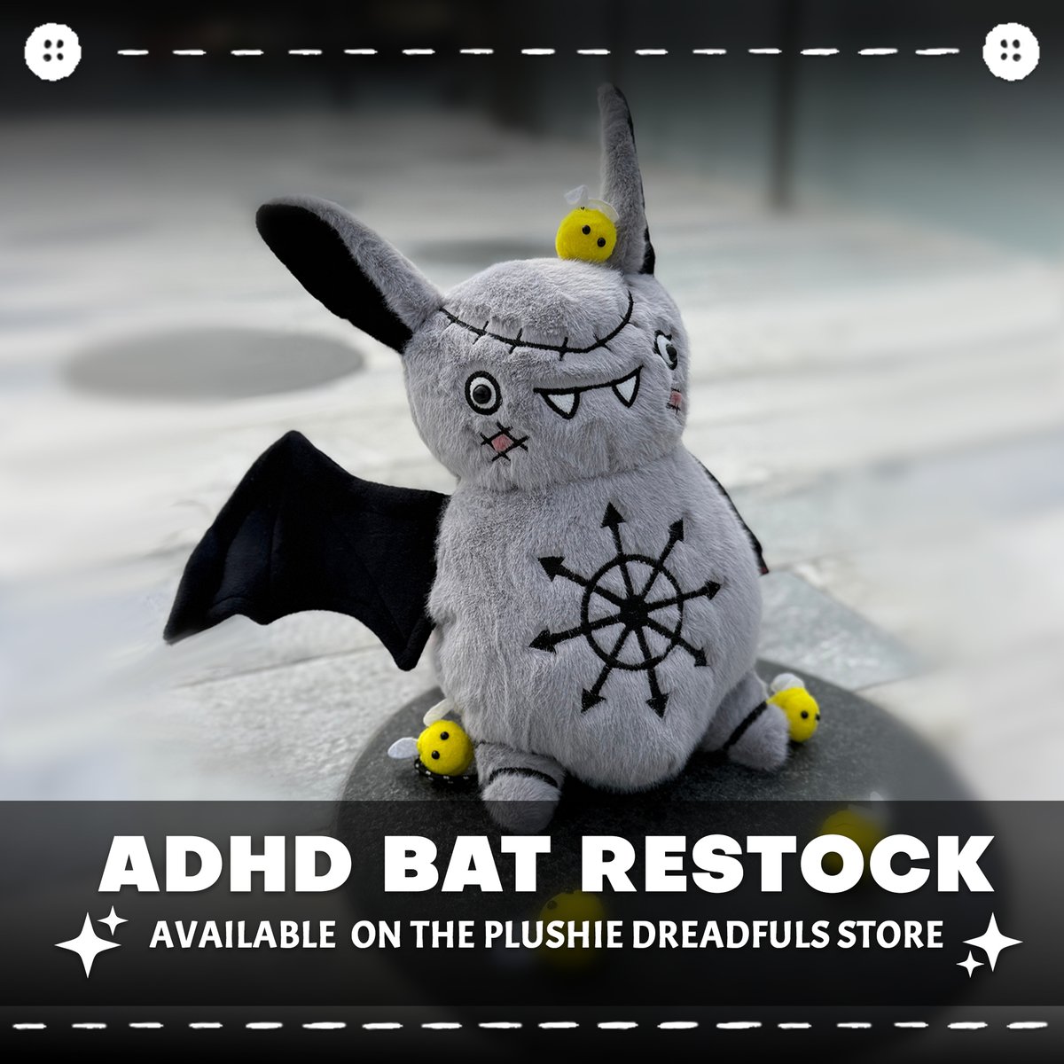 PlushieDreadful's tweet photo. ADHD Bat Back In Stock! 🖤

Your favorite chaotic little sky potato has returned!

Includes: 1 chonky bat bestie, 1 black-and-white doodle tote bag (for low brain buffering days), and all 'em bees. Why? Because reasons.

Available again on the Plushie Dreadfuls store ⭐ https://t.co/mcxK6p2SEc
