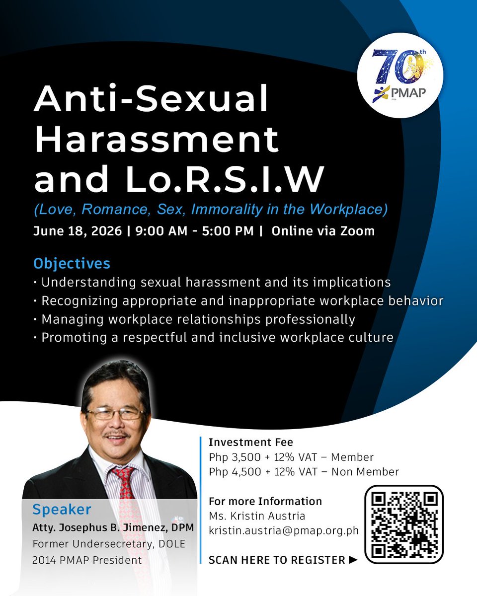 PMAP1956's tweet photo. Create a culture of respect and safety in the workplace by learning about proper boundaries and professional conduct. Enroll in our Anti-Sexual Harassment and Lo.R.S.I.W. Training now!
https://t.co/HuDW6E3nLK https://t.co/M810AyYxdK