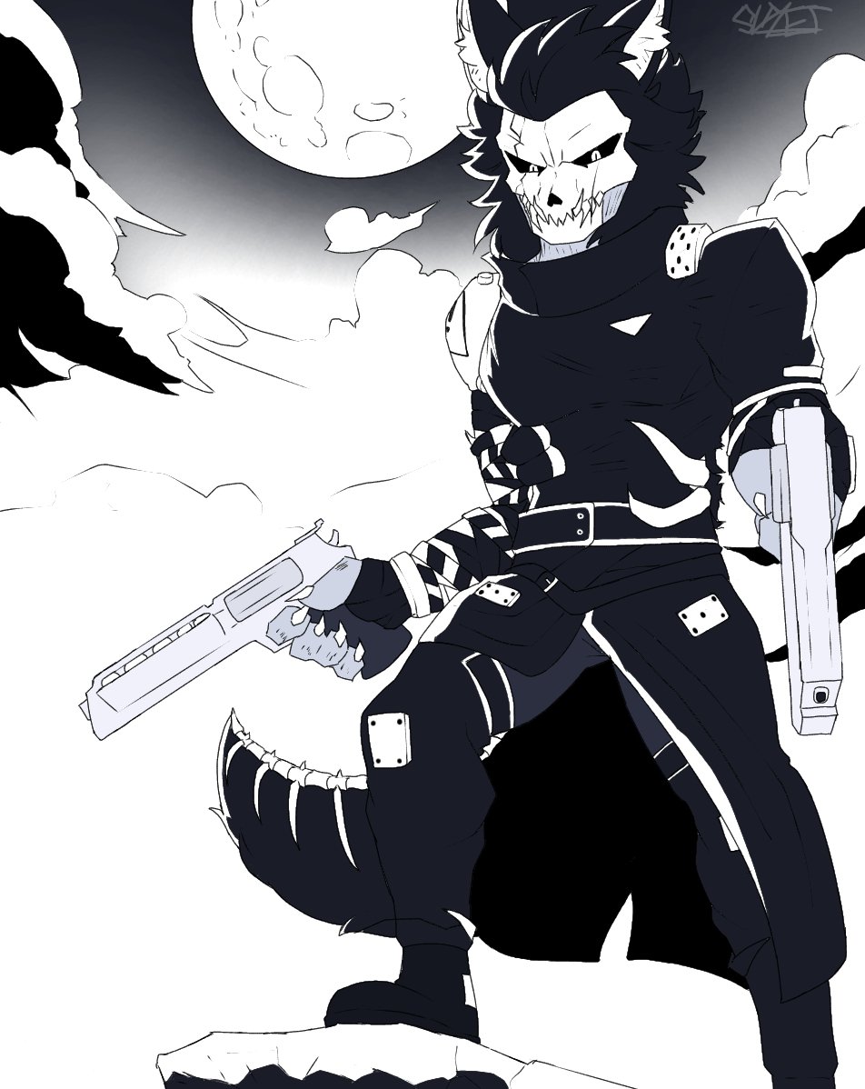 Slayerwright_'s tweet photo. art trade for @CluRenegade (duel gun skull wolf) https://t.co/fq6gZXtZHa