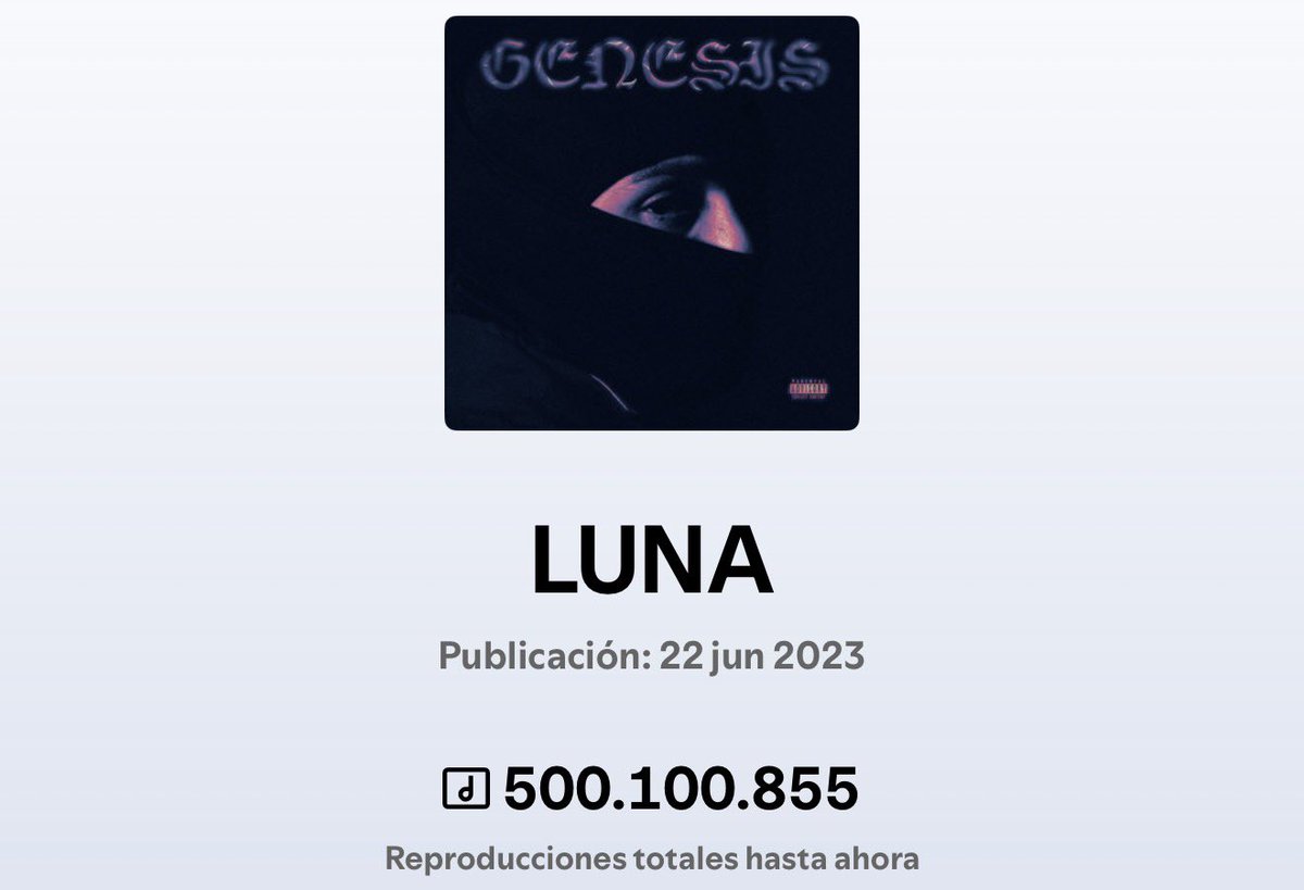 PesoPlumaData's tweet photo. “LUNA” ha superado los 500 MILLONES de streams en Spotify. 

— Es su canción #21 en lograrlo. https://t.co/EsuNLYtt0v