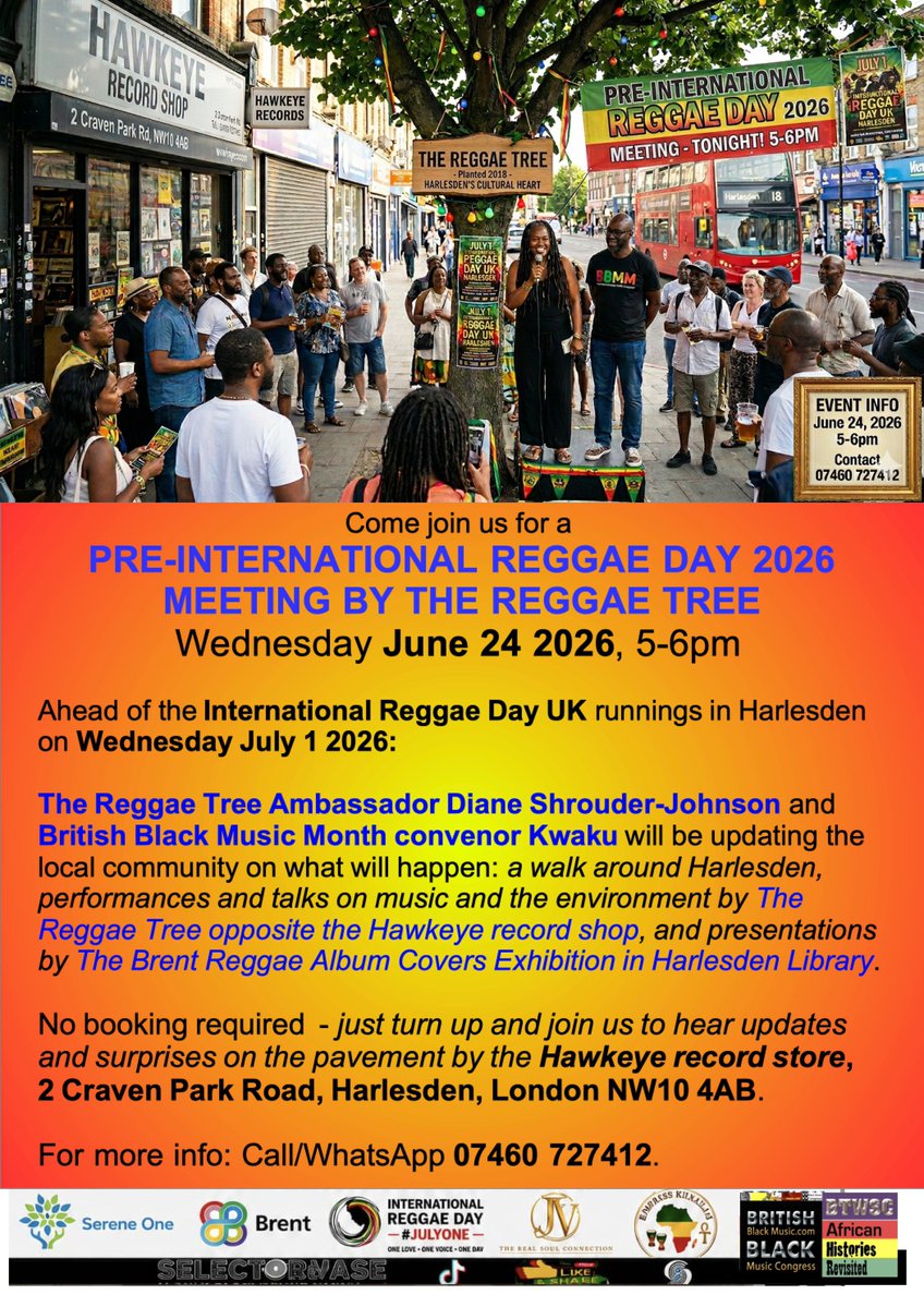 BBMBMC's tweet photo. Pre-International Reggae Day UK Community Meeting
Weds June 24, 5-6pm
Opp: Hawkeye record store
2 Craven Park Rd.

Updating the local community on walk, The Reggae Tree, Album Covers Exhibition in Harlesden Library.
No booking required
@Brent_Council @BrentMusArch @sereneone855 https://t.co/CTDD85WBtR