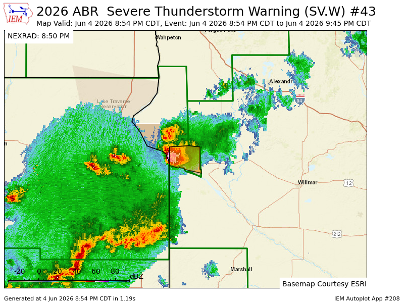 shawncable's tweet photo. ABR issues Severe Thunderstorm Warning [tornado: POSSIBLE, wind: 60 MPH (RADAR INDICATED), hail: 1.00 IN (RADAR INDICATED)] for Big Stone [MN] till 9:45 PM CDT https://t.co/OWVwN1ZYkw https://t.co/vSjTZEu7GL
