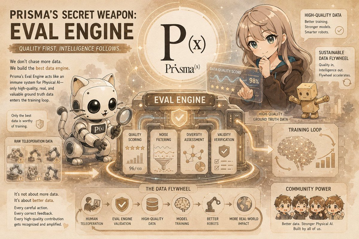 Linazhou5542's tweet photo. @PrismaXai真正厉害的地方：Eval Engine

很多项目都在卷“更多数据”，但 PrismaX做了一件更聪明的事，先把数据质量管好

他们不是把所有人类遥操作产生的数据一股脑喂给模型，而是通过 Eval Engine 进行严格验证：

🦾数据质量打分  
🦾噪声过滤  
🦾多样性评估  
🦾有效性验证

这就像给物理AI 装上了一套免疫系统，只让高质量、真实、有价值的地面数据进入训练循环，避免垃圾数据污染模型。  

没有高质量的 Eval，就没有可持续的数据飞轮。  

作为 PrismaX社区建设者，我特别看好这一点：

它意味着我们普通人贡献的操作数据，不是“越多越好”，而是“越准越有价值”

每一次认真操作、每一次规范反馈，都能被系统识别并放大

这才是真正能长期跑通的物理AI 数据闭环

未来，社区成员贡献的数据质量越高，我们共同推动的物理智能就会越强

对 Eval Engine 感兴趣的朋友，欢迎来讨论：
你觉得数据验证里最难解决的是哪一部分？🦾