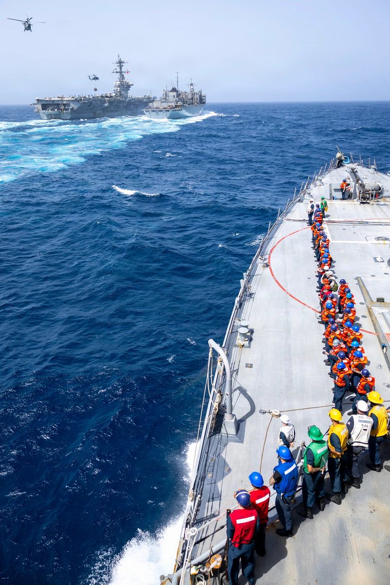 sentdefender's tweet photo. The Nimitz-class aircraft carrier USS Abraham Lincoln (CVN-72) and Arleigh Burke-class guided-missile destroyer USS Delbert D. Black (DDG-119), conduct a replenishment-at-sea with the Supply-class fast combat support ship USNS Arctic (T-AOE-8) in the Arabian Sea, June 3, 2026. https://t.co/sv6W7RmVmN