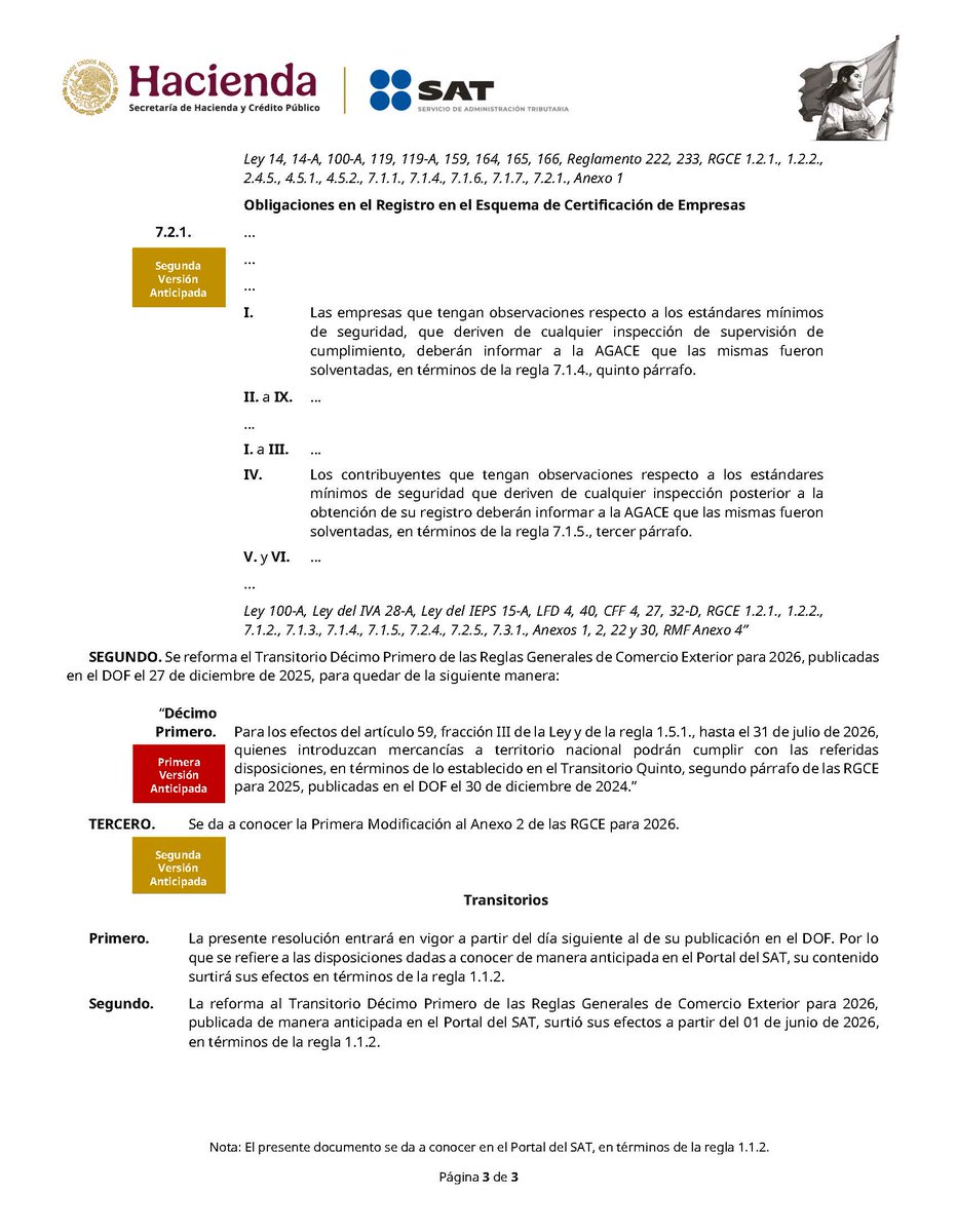 ClaaMx's tweet photo. #AvisoImportante #TomaNota Se informa sobre publicación de la Segunda resolución de modificaciones a las reglas generales de comercio exterior para 2026 y anexo 2 Segunda versión anticipada. https://t.co/q1CxCnIOnS
