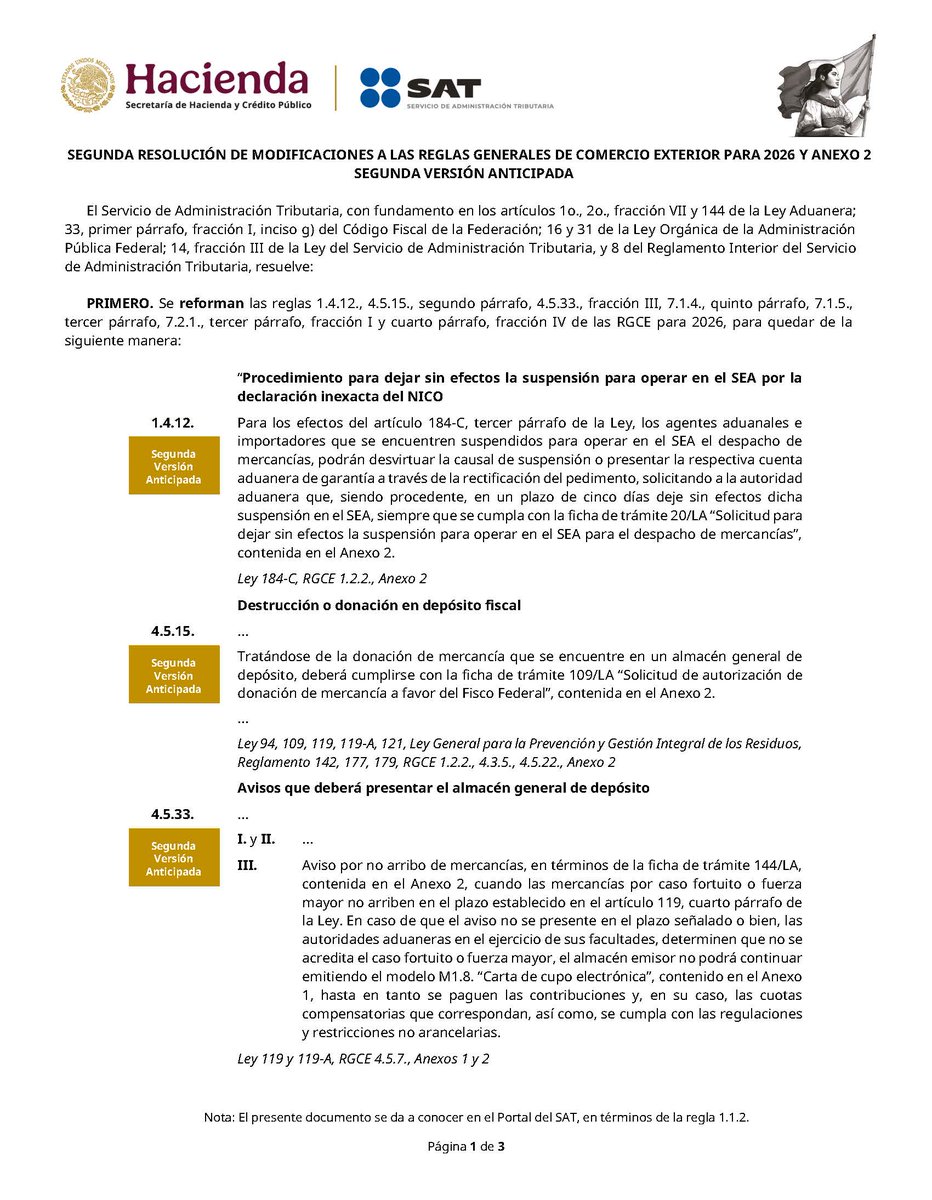 ClaaMx's tweet photo. #AvisoImportante #TomaNota Se informa sobre publicación de la Segunda resolución de modificaciones a las reglas generales de comercio exterior para 2026 y anexo 2 Segunda versión anticipada. https://t.co/q1CxCnIOnS