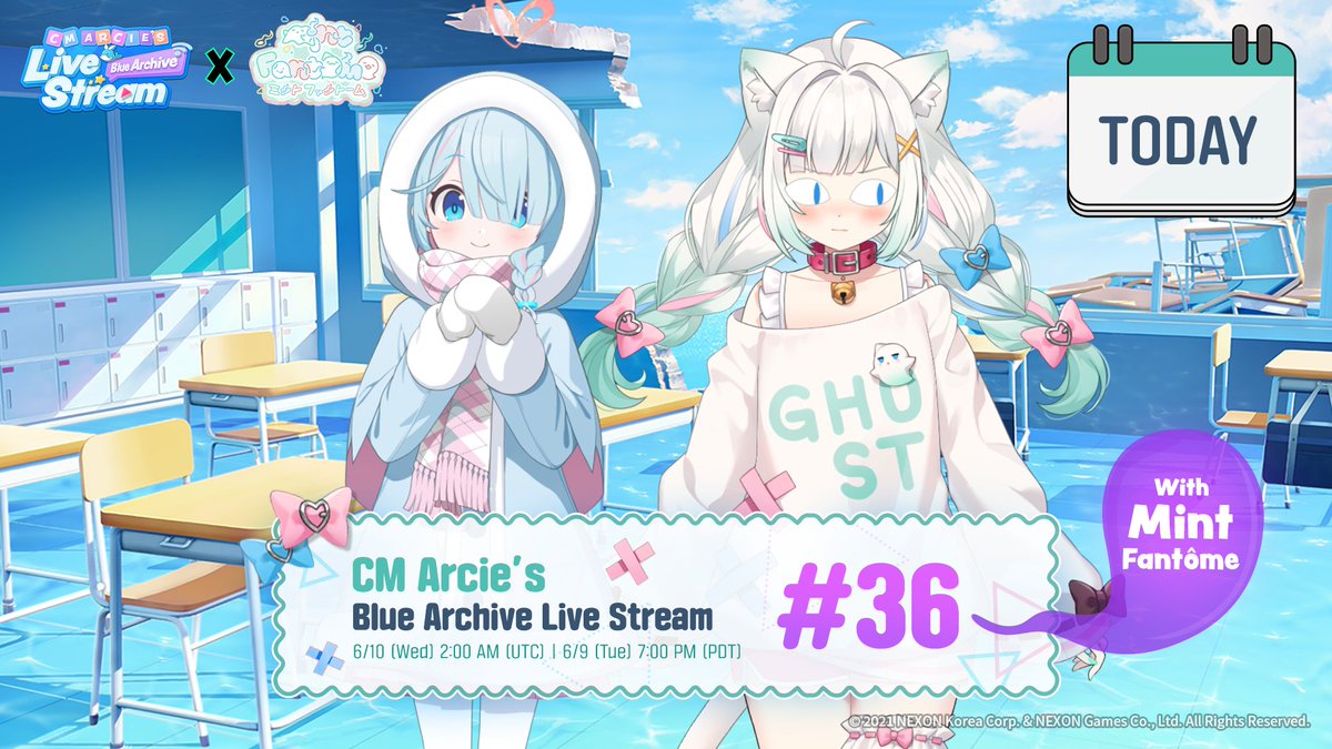 EN_BlueArchive's tweet photo. We're going live in 1 hour, Sensei!
Join CM Arcie and Mint Fantôme for Blue Archive Live Stream #36.👻

Don't miss the fun, surprises, and special moments waiting during the stream!🥰

🗓️ Date & Time: 6/10 (Wed) 2:00 AM (UTC) | 6/9 (Tue) 7:00 PM (PDT)
➡️ YouTube: https://t.co/InQiw46YTT
➡️ Twitch: https://t.co/sZsWdO6nOa

Meet our special guest, Mint Fantôme!
👻 YouTube: https://t.co/ATB760n5dF
👻 X: https://t.co/39gKAloZNx

#BlueArchive #CMArcie #MintFantome