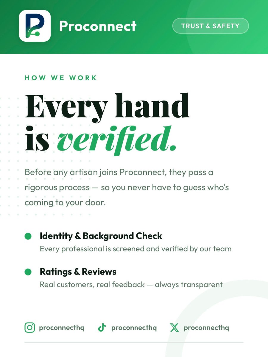 Proconnecthq's tweet photo. Find. Book. Get it done. 🔒✅
👉 https://t.co/lTYiAK6MGp
#Proconnect #VerifiedArtisans #FindBookGetItDone #ArtisansNigeria #HomeServices #TrustedProfessionals https://t.co/R9UzujhupQ