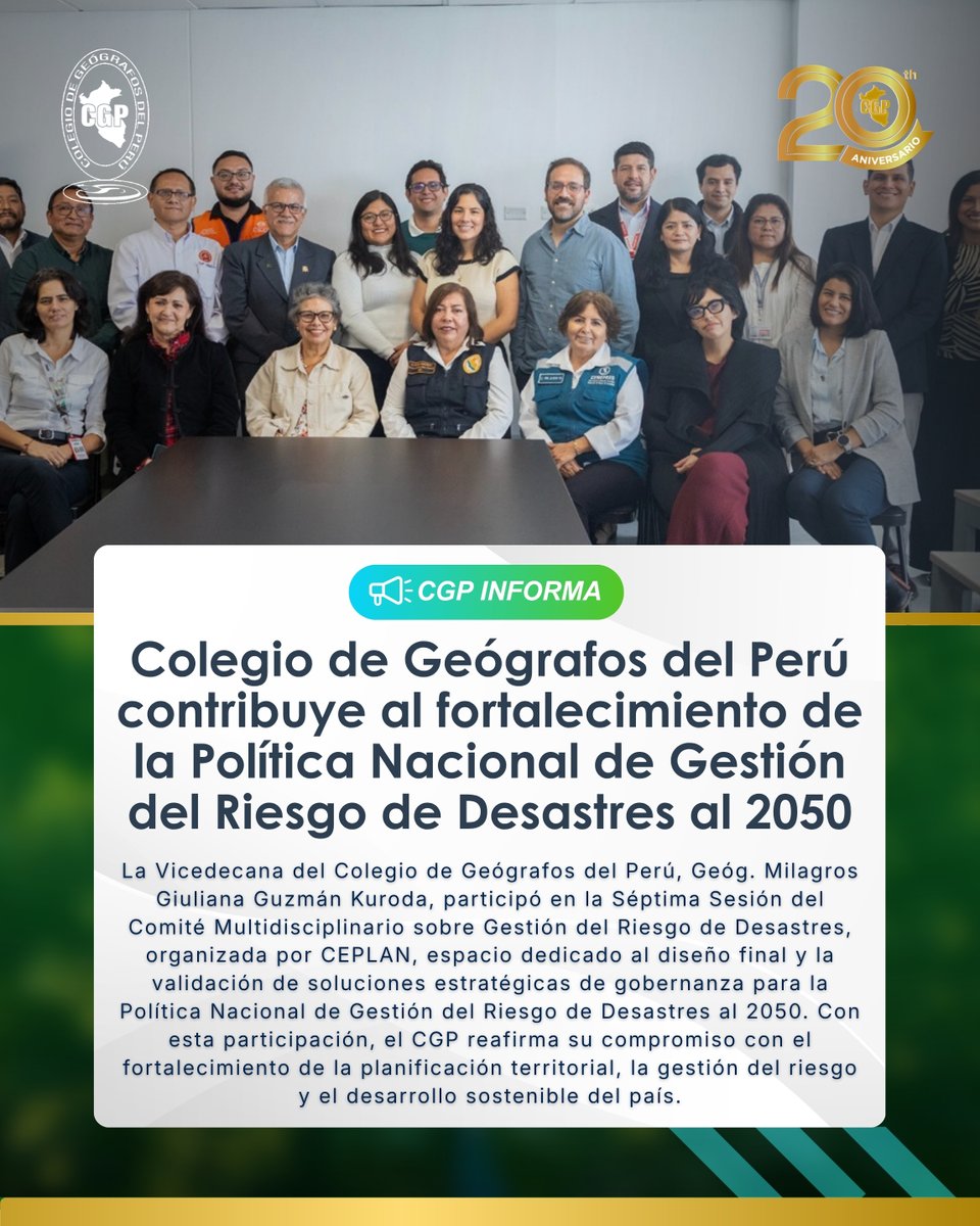 cgp_pe's tweet photo. 📌 🌎 La Vicedecana del Colegio de Geógrafos del Perú, Geóg. Milagros Giuliana Guzmán Kuroda, participó en la VII Sesión del Comité Multidisciplinario sobre Gestión del Riesgo de Desastres, organizada por CEPLAN. https://t.co/ZL7geOtObz