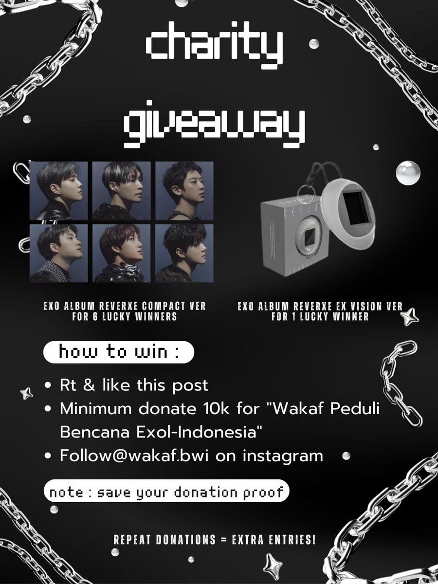 votexploreina's tweet photo. 🚨GIVEAWAY ALERT!!!🚨#𝗕𝗪𝗜

*Donate for Disaster Relief & Win EXO Albums!*

Can't make it to the venue? You can still join the donation program and get a chance to win EXO albums from anywhere!

All donations will be contributed through [Wakaf Peduli Bencana Exol-Indonesia] to support disaster relief efforts.

Donate here : https://t.co/liB3nJUuAB

✨ The more you donate, the more giveaway entries you'll receive!

📍 *Find us at the venue too and claim our freebies (location TBA)

⭐️ Winners will be drawn using a spin wheel from all donation entries and will be announced on our Instagram @/wakaf.bwi on June 14th (ongkir ditanggung pemenang)

Let's spread kindness together, EXOLs! 🤍🌱
#EXO #엑소 #EXhOrizon_Jkt