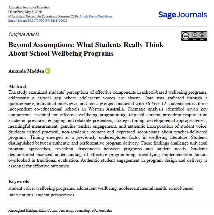 AusJournalEd's tweet photo. Amanda Madden's study highlights the importance of listening to Year 12 students when designing effective school wellbeing programs. In June's collection on "What's Currently Happening in Classrooms?" https://t.co/TkxJphtJJa

#OnlineFirst #OpenAccess @EdithCowanUni https://t.co/KV5X6VeU3Z