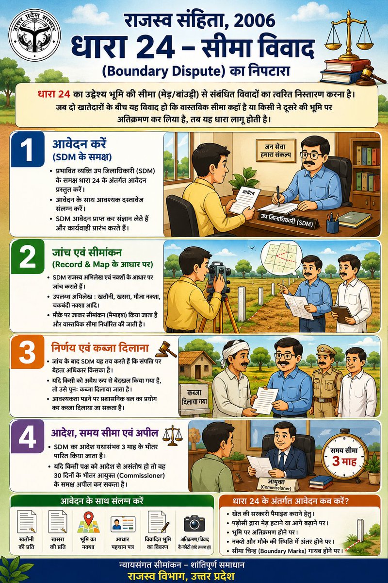 ChitrakootDm's tweet photo. 📢 सीमा विवाद का समाधान अब आसान

यदि आपकी भूमि की सीमा (मेड़) को लेकर विवाद है, तो उत्तर प्रदेश राजस्व संहिता, 2006 की धारा-24 के अंतर्गत संबंधित राजस्व न्यायालय में आवेदन कर सीमांकन कराया जा सकता है।
आवेदन हेतु क्लिक करें ⤵️ https://t.co/AUpGq0gbCc
✅ भूमि की वास्तविक सीमा का निर्धारण
✅ राजस्व अभिलेखों के आधार पर जांच
✅ पारदर्शी एवं विधिसम्मत प्रक्रिया
✅ अनावश्यक विवादों से मुक्ति
जनहित में अपील है कि भूमि संबंधी विवादों के समाधान हेतु विधिक प्रक्रिया का पालन करें एवं राजस्व विभाग की सेवाओं का लाभ उठाएं।
#Chitrakoot  #RevenueDepartment #LandSurvey #LandBoundary  #CitizenServices #PublicAwareness #UttarPradesh #RevenueReforms #LandRecords   #EaseOfLiving #GovernmentServices