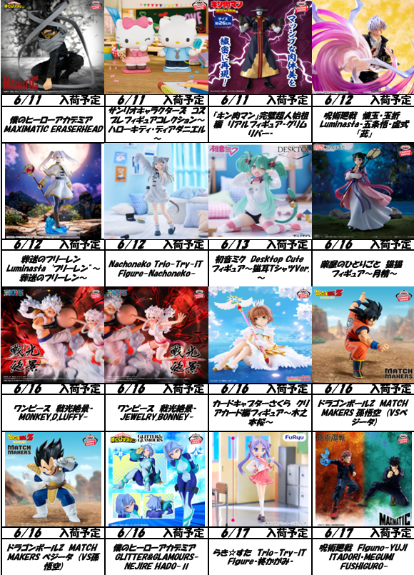 大変お待たせいたしました。 6月の新景品の入荷予定表PART1になります
