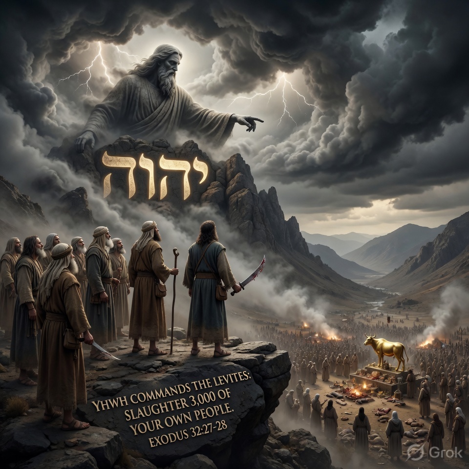 meCal3b's tweet photo. YHWH commands the Levites to slaughter 3,000 of their own people after the Golden Calf incident (Exodus 32:27–28).

In the Gospel, when a Samaritan village rejects Jesus and his disciples, James and John want to call down fire on them. Jesus sharply rebukes them and simply moves on (Evangelion; cf. Luke 9:54–55).

YHWH demands the killing of his own people for idolatry. The Good Father does not retaliate with violence when rejected.