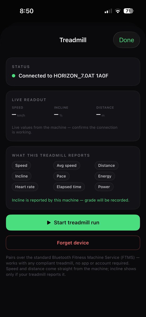 BrianSuttererMD's tweet photo. Ok, this is really cool..

I do mainly treadmill walk workouts with an incline and my treadmill is too old for direct Apple Watch connection but does have Bluetooth. So I asked Claude if it could build an integration into my tracking dashboard to scan for a treadmill, connect to it, and then capture real time incline/speed/distance data

And it did!!! This is so awesome - some bugs to work out but I can’t wait to finally capture my incline and speed for treadmill workouts