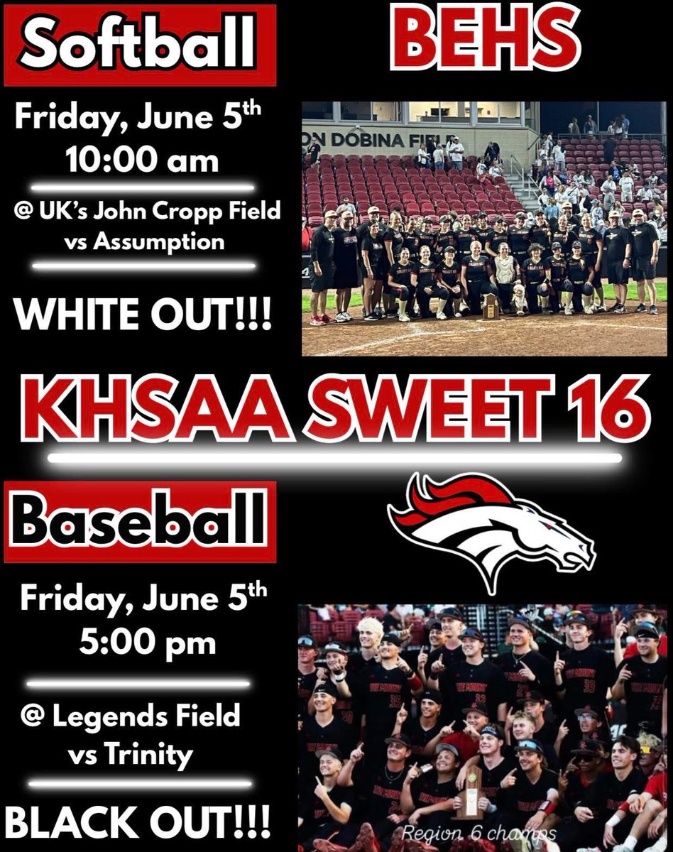 BElivewire's tweet photo. Bullitt East softball will depart for the state tournament at 6:15a.m. and baseball will leave at 2:00p.m. Fans are encouraged to line the streets and parking lots to send these two groups out. Softball will be a whiteout, then blackout for baseball. #BEBaseball #BESoftball https://t.co/EorQHK0NR3