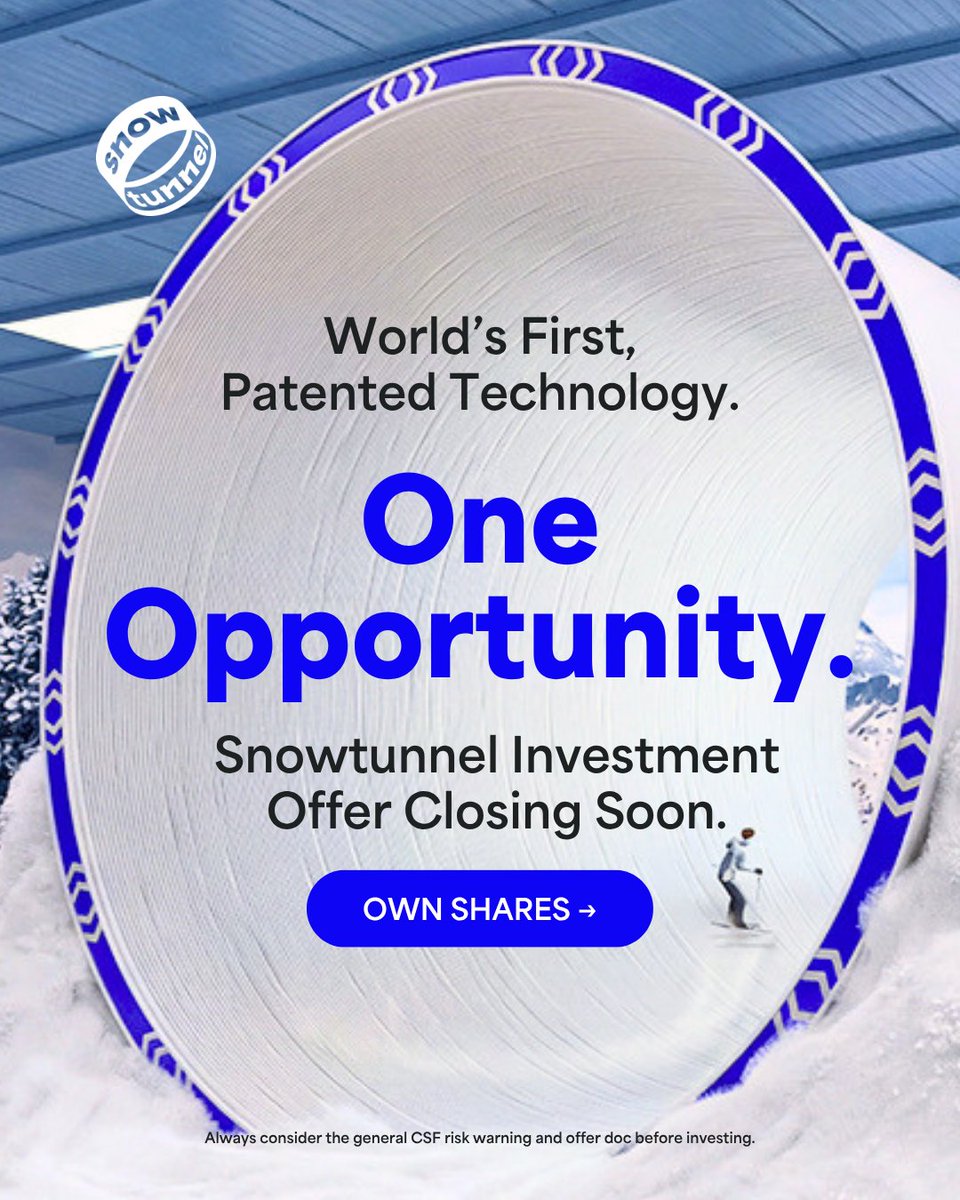 snow_tunnel's tweet photo. Offers are CLOSING SOON! Thanks to your incredible support.

To learn more visit https://t.co/gGH1Kpjp6Z

*Always consider the general CSF risk warning and offer document before investing.

#Snowtunnel #Bringingthesnow https://t.co/Esbf19kBWL