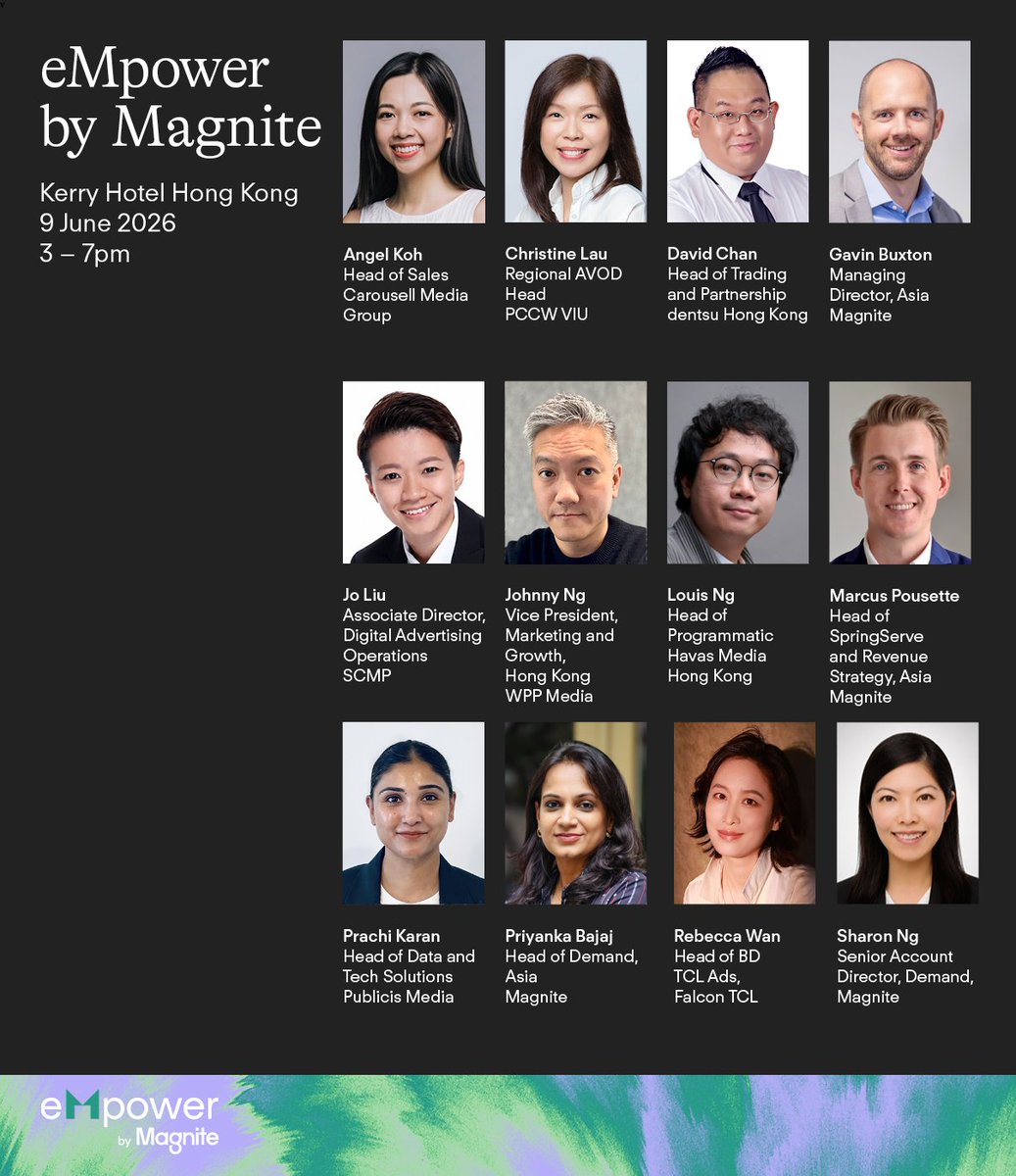 magnite's tweet photo. eMpower by Magnite is all set to launch next week in Hong Kong! 🇭🇰 Catch the release of our latest Streams & Screens research and an amazing line-up of speakers as we bring the industry together to discuss how audiences are engaging with ad-supported streaming and the rise of vertical video and what it means for attention, engagement, and purchase decisions.

We've got @Carousell, @dentsu_global, @Havas, @PublicisMedia, @SCMPNews, @TCL_Global, @ViuSG, and @wppmedia, to define what comes next for streaming, omnichannel advertising, and audience engagement.

Grab the last few seats now and see you on 9 June! – https://t.co/O3Tr06YKVo