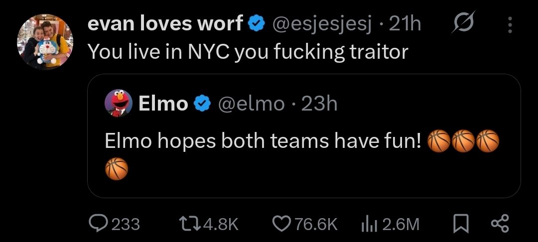 AssnForge's tweet photo. @BradWCAttorney @NotariesNEastGA Only thing coming close to Hunter that we've seen over the last two days on the Twitter is this response to Elmo's well wishes to both teams in the NBA finals. https://t.co/2HLbDedj0h