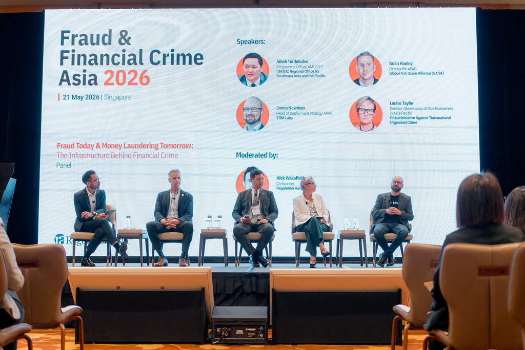trmlabs's tweet photo. Fraud today, money laundering tomorrow. The infrastructure connecting them is the same — and it's industrializing.

TRM Labs' Jonno Newman joined the panel at #FFC2026 this week to unpack scam factories, mule networks, crypto flows, and the professional gatekeepers exploiting major financial hubs. @RegulationAsia