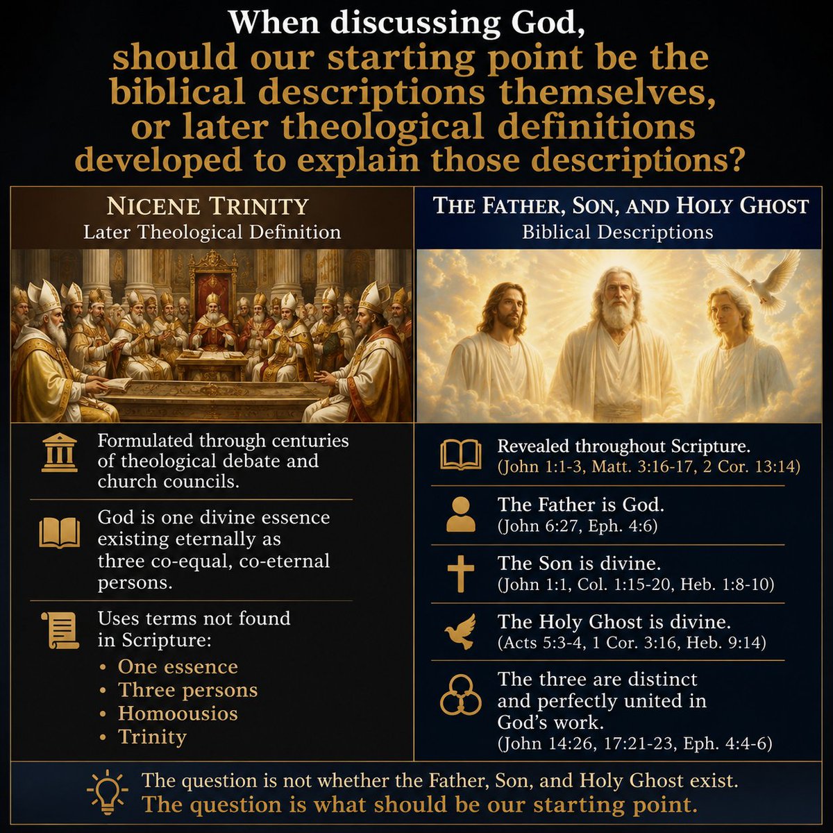 SimplyWithFaith's tweet photo. I think you're actually proving Jacob's original point.

The question is not whether the beliefs that later contributed to Trinitarian doctrine existed in the first century. Most Christians, including Latter-day Saints, agree that the Father is divine, the Son is divine, the Holy Spirit is divine, and that they are one. (We differ on the context of what "one" is meant.)   

The question is whether first-century Christians believed the specific doctrine later defined at Nicaea and Constantinople: three co-equal, co-eternal persons sharing one divine essence.

Saying the New Testament contains the "seeds" of a doctrine is not the same as demonstrating that the doctrine itself was taught by the apostles. 

Many theological systems claim to grow from "biblical seeds". The real issue is whether the Trinity is the only valid conclusion from those seeds or a later theological interpretation of them.

So if your argument is that the first century contained beliefs that eventually gave rise to Trinitarian doctrine, I agree. 

But that is different from proving that first-century Christians themselves held the fully developed doctrine of the Trinity.

I agree that first-century Christians held beliefs that later contributed to Trinitarian doctrine. But if the doctrine itself required centuries of debate and philosophical definition to emerge, then it is historically accurate to say the doctrine developed later. The question is whether that development clarified apostolic teaching or went beyond it.

Then that also logically leads to: 

In scripture, major doctrinal disputes are consistently resolved through living prophets and apostles receiving revelation from God. 

The post-apostolic councils primarily appealed to theological reasoning, scriptural interpretation, and ecclesiastical authority. The question is whether that process reflects the biblical pattern of revelation or a different model of doctrinal development.

To me, the biblical pattern is that doctrinal disputes are ultimately settled through revelation given to living prophets and apostles, not merely through theological debate or ecclesiastical authority. While scripture certainly contains reasoning and discussion, the final authority consistently rests on divine revelation.

By contrast, the post-apostolic councils appear to rely primarily on interpretation, philosophy, and institutional authority. That looks less like the pattern I see in scripture and more like a different model of resolving doctrine. 

Where do the apostles teach that, after their deaths, doctrinal disputes should be settled by councils and theological interpretation rather than by living prophets and apostles receiving revelation?