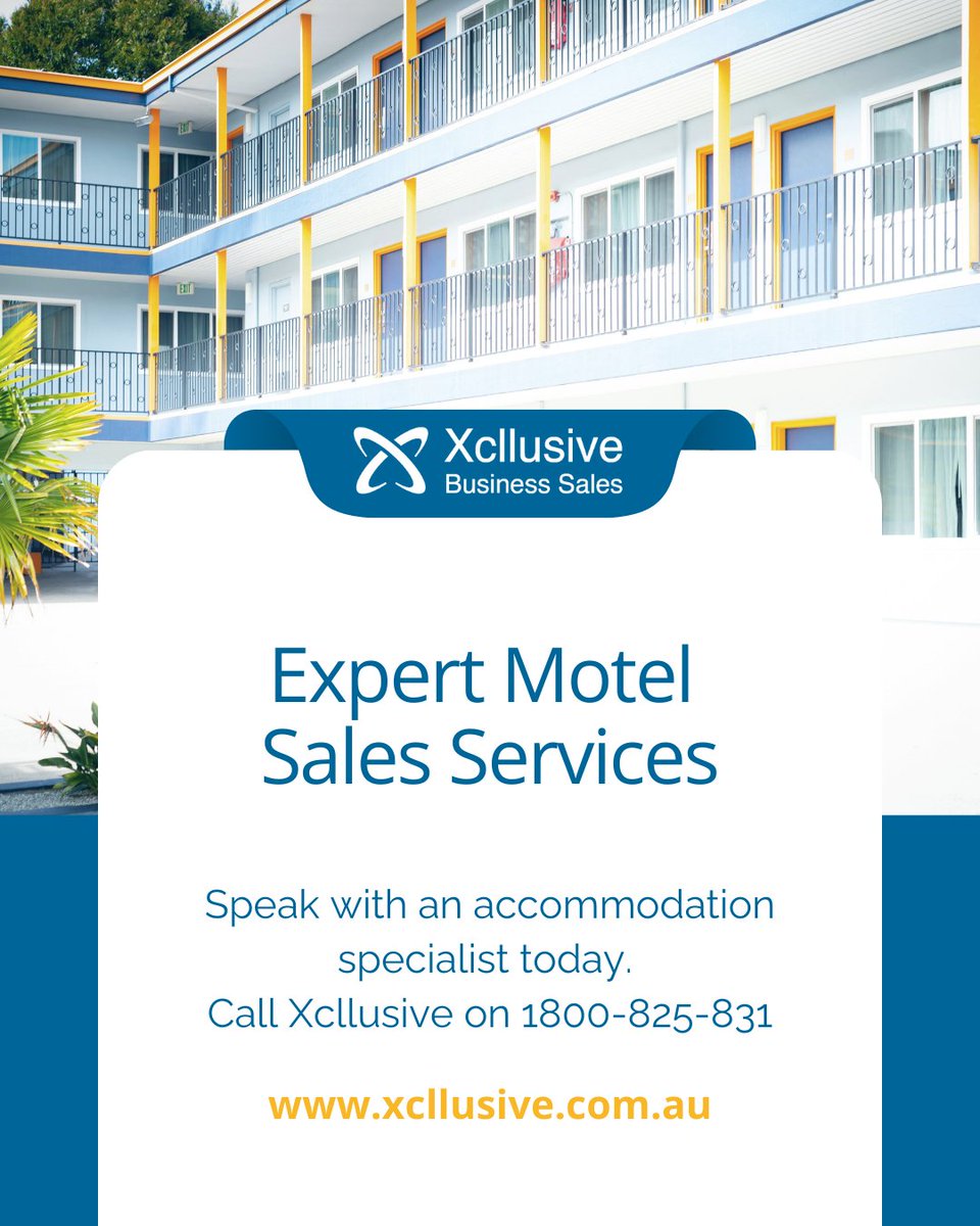 xcllusive's tweet photo. Thinking about selling your motel?

Xcllusive Business Sales has a dedicated team experienced in motel sales across Australia.

We understand leasehold and freehold structures, seasonal demand and the key drivers buyers look for in motel businesses.

Our personalised approach is designed to deliver a smooth, confidential sale and a strong result for you.

Contact us today to learn how we can help you sell your motel.

1800-825-831
https://t.co/Uv7HvjXwsS