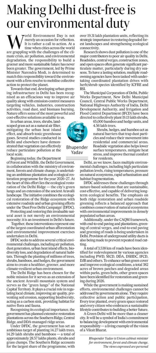 byadavbjp's tweet photo. The government, led by PM Shri @narendramodi ji, is determined to match the environmental responsibility with a firm resolve to mobilise collective action to protect the planet.

On World Environment Day, I write on how we plan to build a dust-free Delhi.

#NowForClimate

📰https://t.co/M4uEQvkGVl