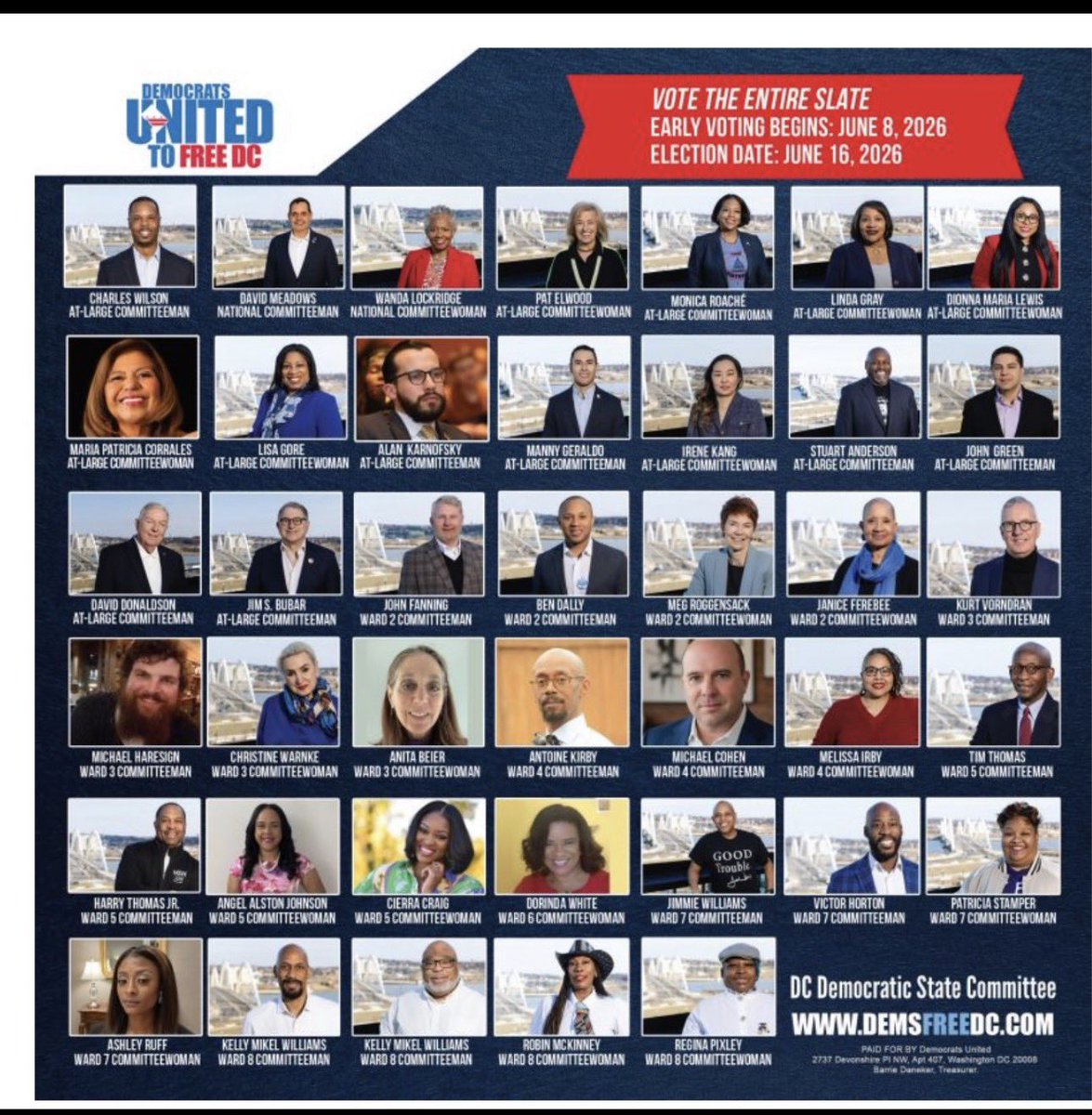 monica_roache's tweet photo. Democrats United to Free DC is a coalition of candidates running for the District of Columbia Democratic State Committee who are committed to strengthening the Democratic Party and advocating for residents across all eight wards. The slate is focused on protecting DC’s Home Rule, achieving Statehood, defending voting rights, expanding access to affordable housing and healthcare, supporting strong public schools, enhancing public safety, and promoting unity within the Democratic Party to ensure all communities have a voice in shaping the future of the District. https://t.co/I0umheP5EJ @CharlesWilsonDC @DCMeadows @JohnGreenDC