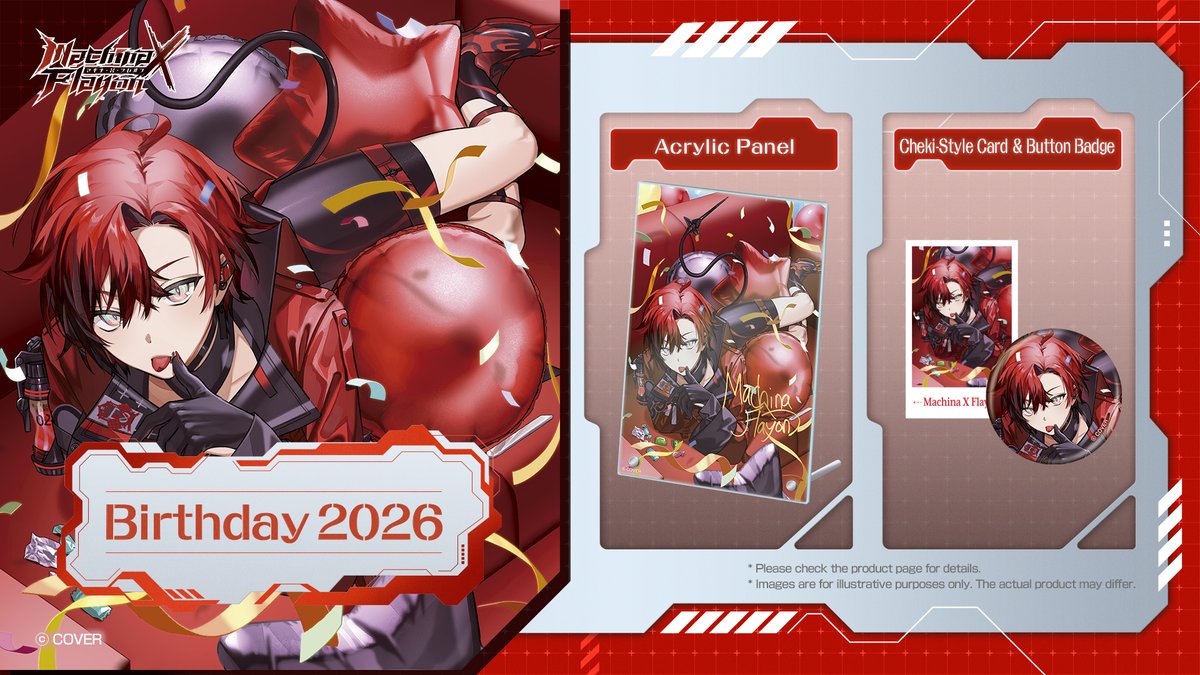 HOLOSTARSen's tweet photo. 🪫Merch🪫

Machina X Flayon Birthday 2026 merch is available now! 🥳

Lineup
🔴Acrylic Panel
🔴Cheki-Style Card &amp; Button Badge

🛒
URL
https://t.co/8AzL5Q5OTv https://t.co/0Vhmy7jAoO