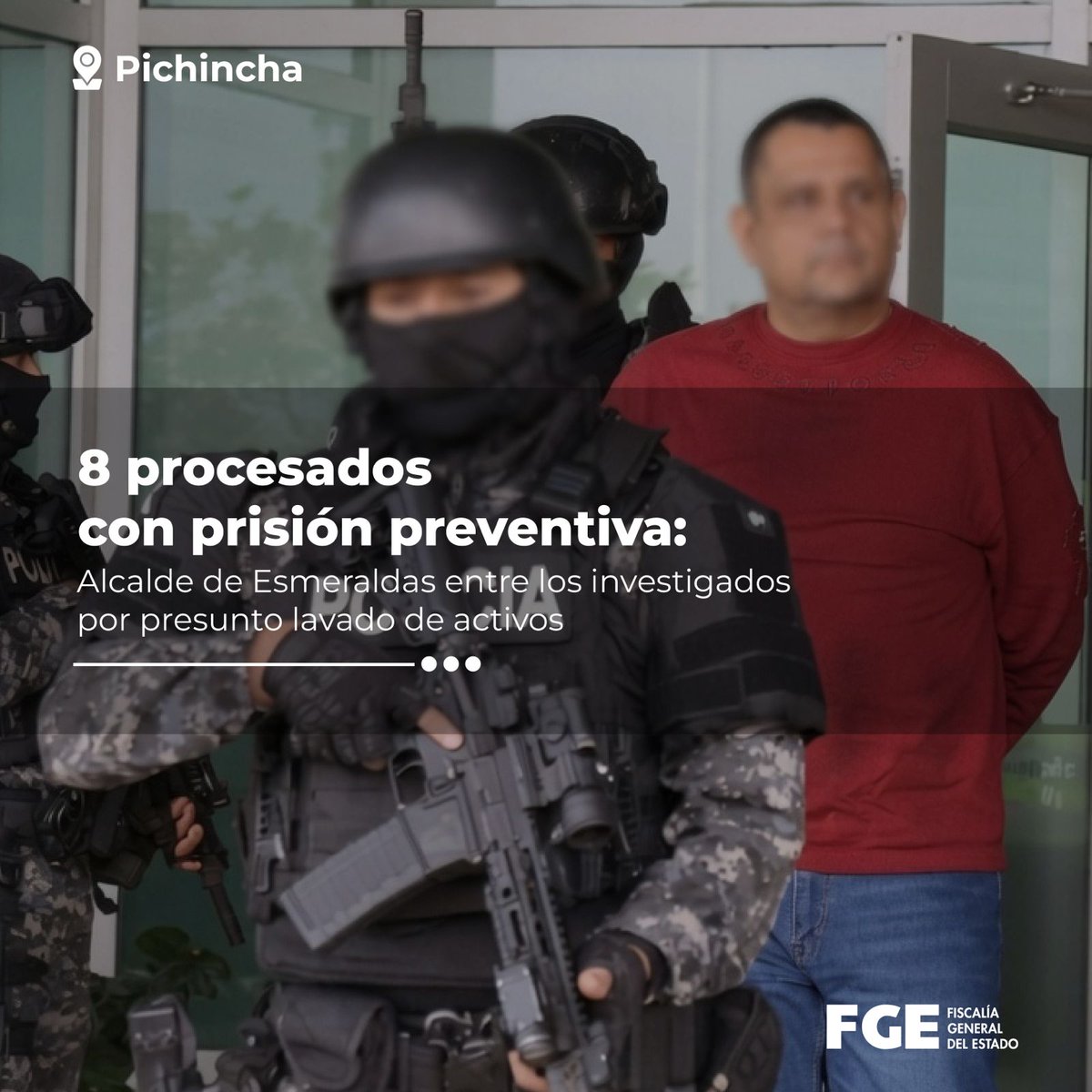 FiscaliaEcuador's tweet photo. #BoletínFGE | #Pichincha: #FiscalíaEc procesa a Vicko Alfredo V. T., alcalde de #Esmeraldas, y otras 7 personas por el presunto delito de #LavadoDeActivos. El monto investigado, hasta el momento, rebasa los 7 millones de dólares. 

Más información ⬇️
https://t.co/r9kHdj5b55 https://t.co/hb74RgQrIY