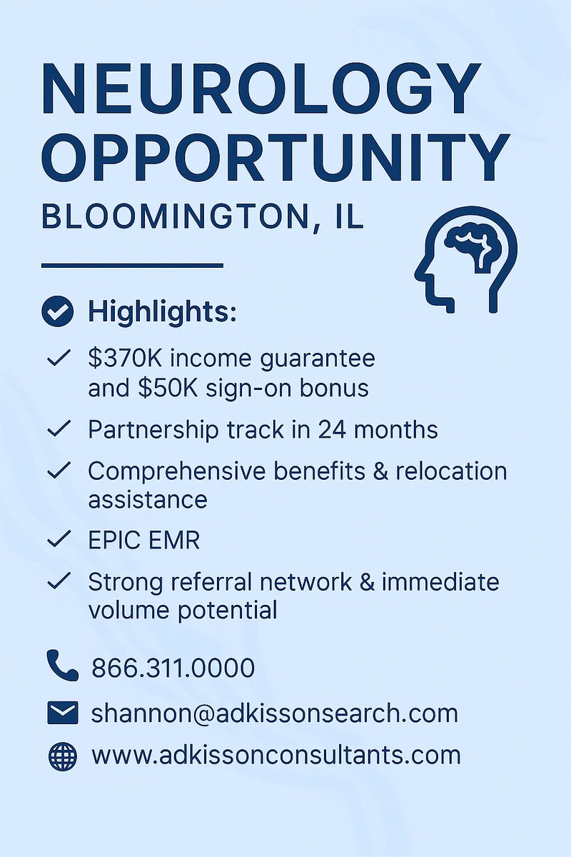 AdkissonSearch's tweet photo. We are recruiting a Neurologist to our community, Bloomington, IL with Christie Clinic! Please share with colleagues and Neurology Residents who would be interested in joining a Multi Specialty, Physician Owned Group. You may call or text Shannon directly at 309.648.1147 https://t.co/zfjk8T5KV4