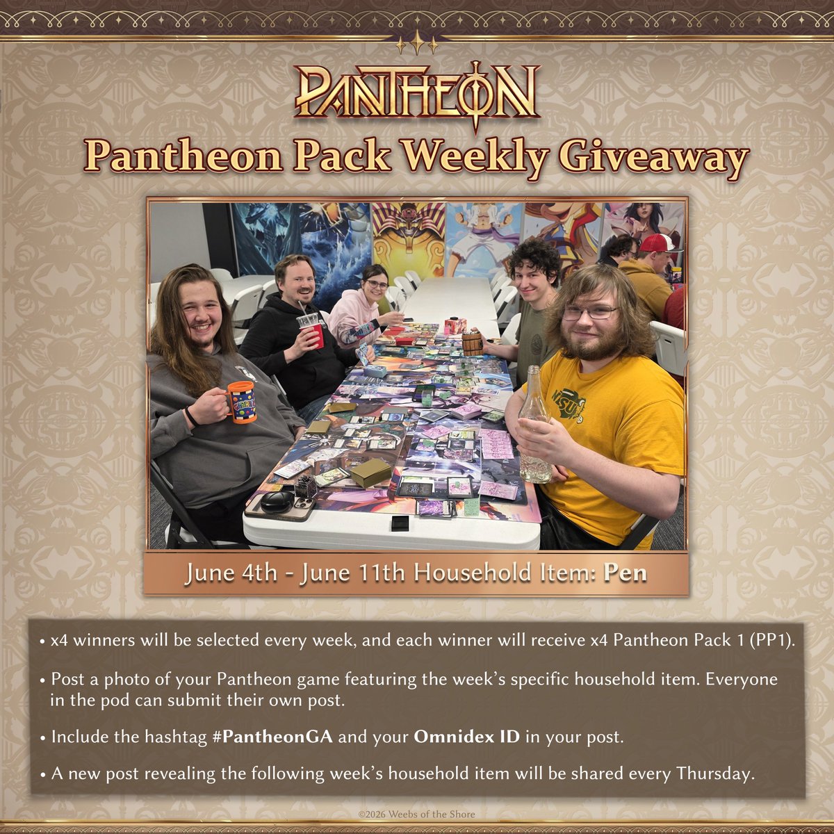 grandarchivetcg's tweet photo. It’s time for this week’s Pantheon Pack Giveaway! Thank you to everyone who participated last week. The four winners have been selected and contacted.

To enter this week’s giveaway, post a photo on social media of you and your friends playing Pantheon that includes this week’s featured household item: Pen. Be sure to include your Omnidex ID and the hashtag #PantheonGA in the caption.

Four lucky winners will each receive 4x Pantheon Pack 1 (PP1)!

Every member of the pod is eligible to enter. Best of luck to all participants, and most importantly, have fun playing Pantheon!