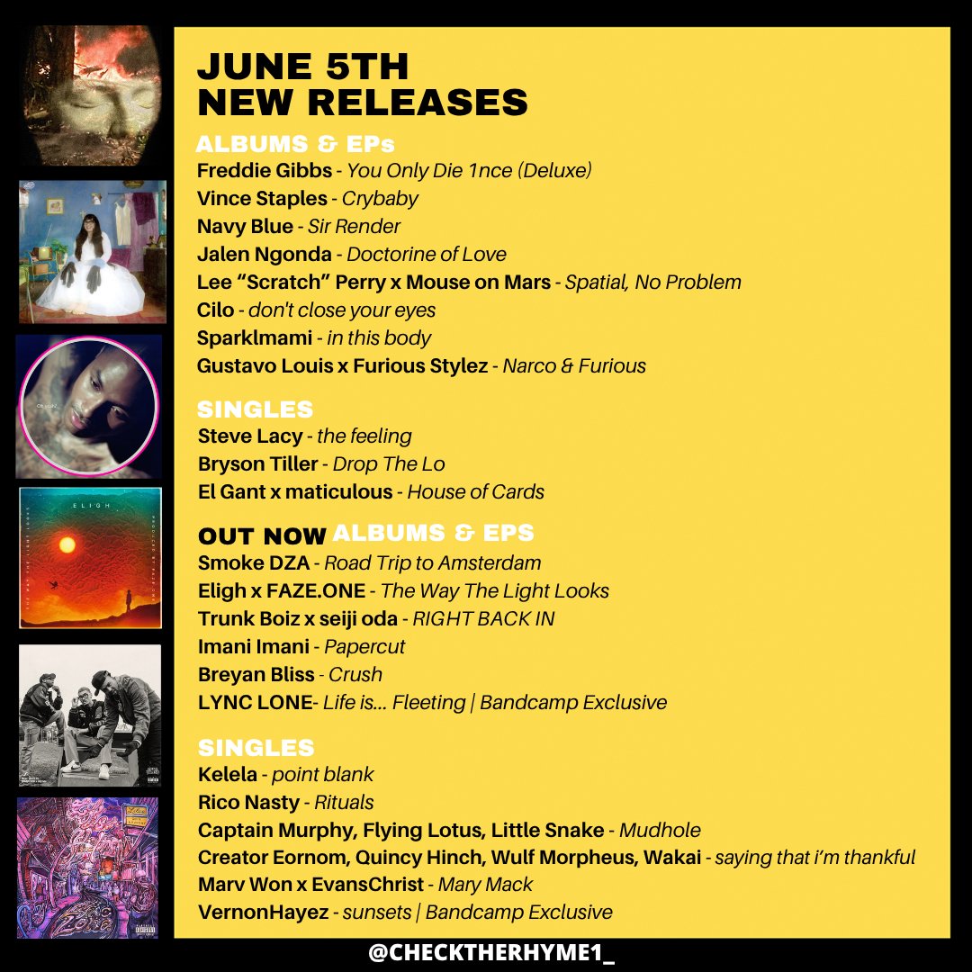 checktherhyme1_'s tweet photo. 🚨This week's new releases

Freddie Gibbs
Vince Staples
Navy Blue
Smoke DZA
Steve Lacy
Bryson Tiller
Trunk Boiz x seiji oda
Rico Nasty
Eligh x FAZEONE 
Jalen Ngonda
Cilo
Sparklmami
Kelela
+more https://t.co/4jeBU8sbgZ
