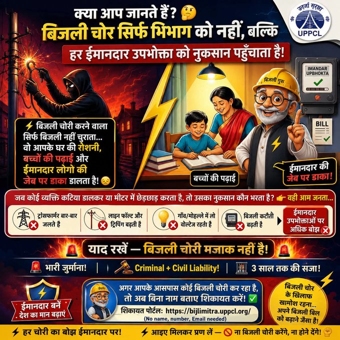 dvvnlmahoba's tweet photo. क्या आपको पता है ? बिजली चोरी करने वाला सिर्फ विभाग को नहीं,बल्कि हर ईमानदार उपभोक्ता को नुकसान पहुँचाता है जो नियमित बिल जमा करता हैँ ! बिजली चोरी मजाक नहीं है! यदि आपके आसपास कोई बिजली चोरी कर रहा है तो अब बिना नाम बताए निम्न पोर्टल पर शिकायत करें! M https://t.co/mrNoDF8WXQ