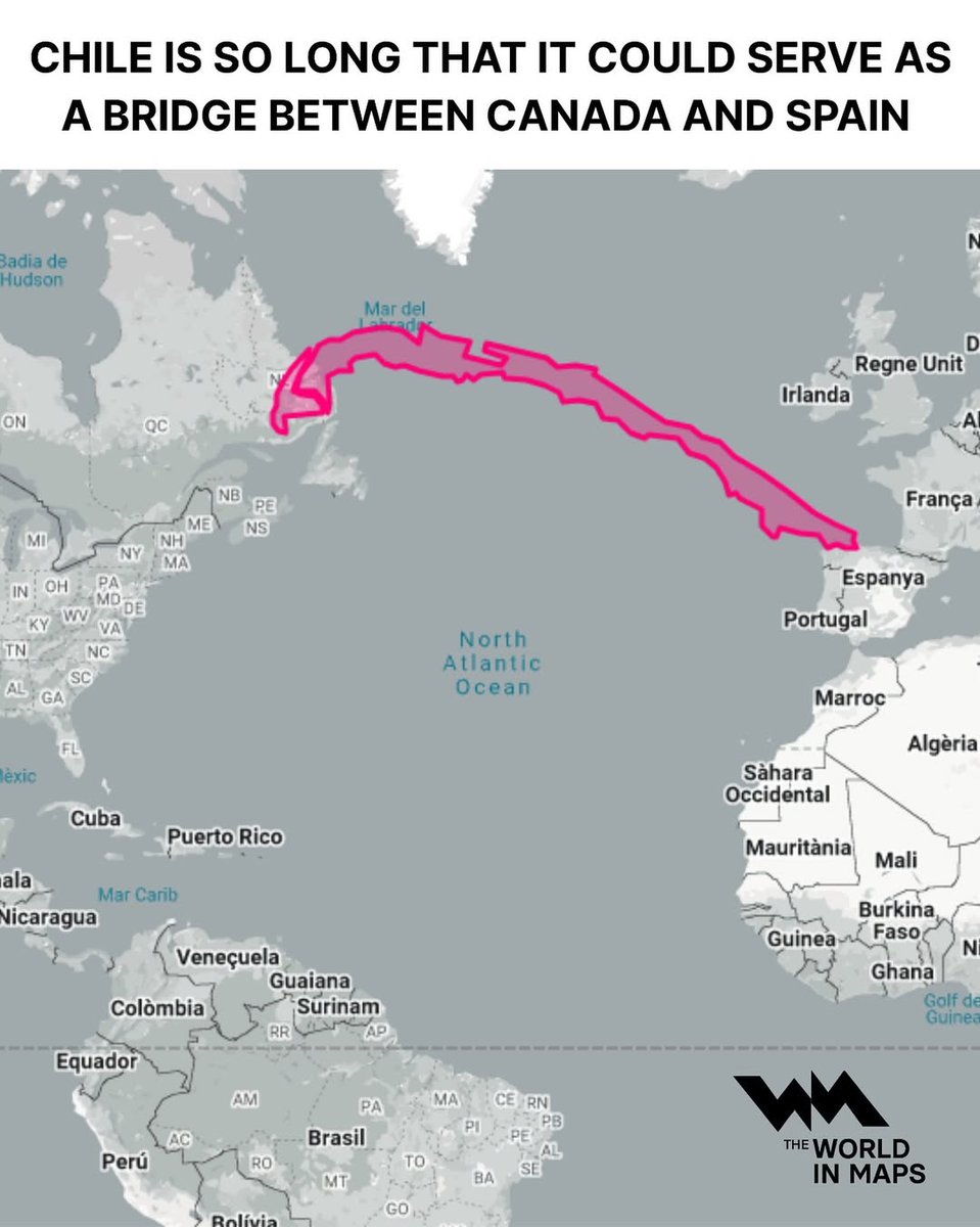 BrilliantMaps's tweet photo. Chile is so long that it could serve as a bridge between Canada and Spain

More comparisons: https://t.co/O2qJ86VZoe https://t.co/FKazla15n9