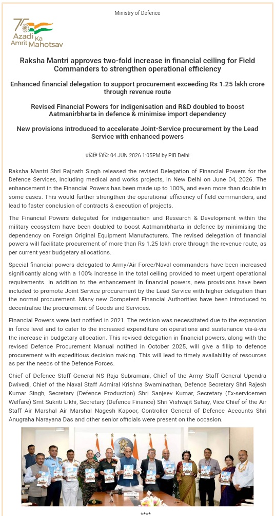 TheIndUSTech's tweet photo. India's 🇮🇳 Defence Minister Rajnath Singh approved a revised Delegation of #Financial Powers for the armed forces, increasing #procurement authority for #Army, #Navy, and Air Force commanders across operational, emergency, R&D, indigenization, medical, and infrastructure-related spending. Many financial ceilings were doubled, with some increased by more than 100%, including special financial powers for service commanders to meet urgent operational requirements. 

The revision will support more than $13.2 billion in defense procurement through the revenue budget, expands authority for joint-service #acquisitions, and establishes additional financial authorities to decentralize procurement. The previous delegation framework was issued in 2021.

https://t.co/YoswdnvN72